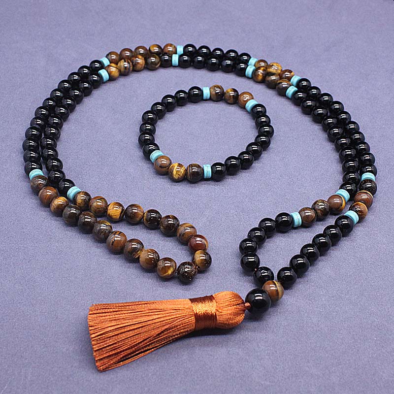 Ensemble Mala paisible en onyx noir tibétain Buddha Stones