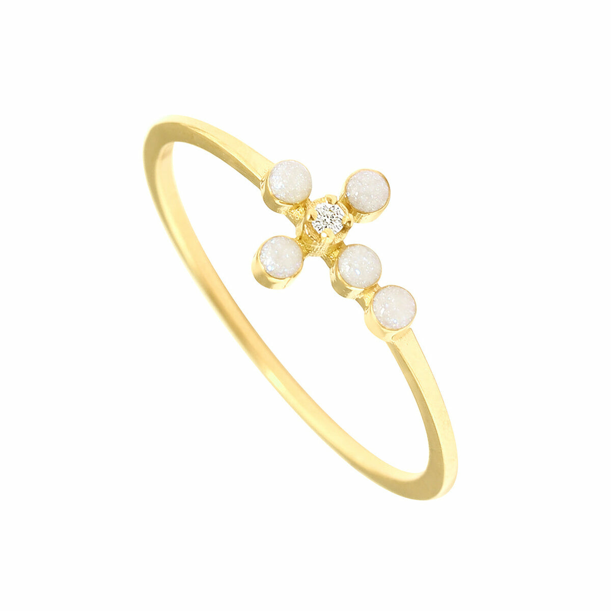 Bague Gigi Clozeau Croix Perlée en or jaune, résine opale et diamant, taille 52