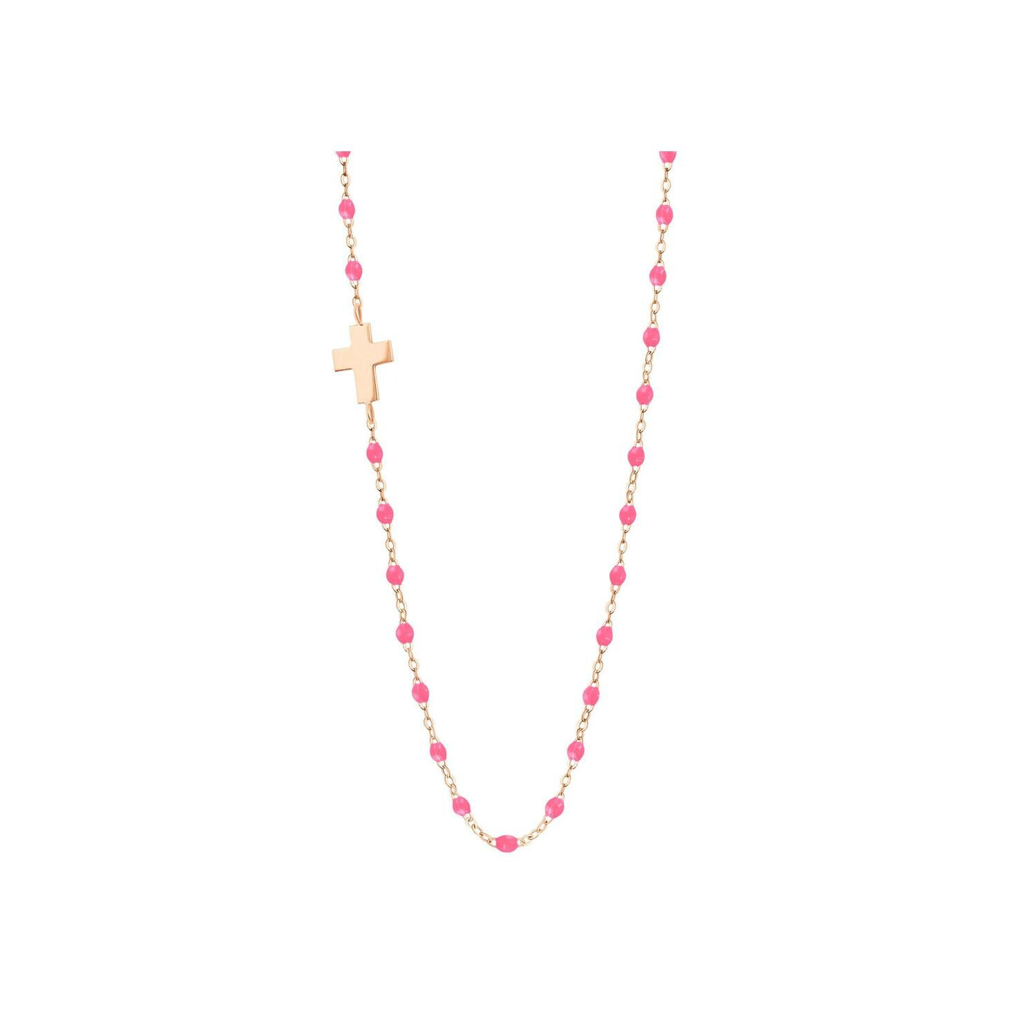 Collier Gigi Clozeau Croix en or rose et résine rose fluo, taille 42cm