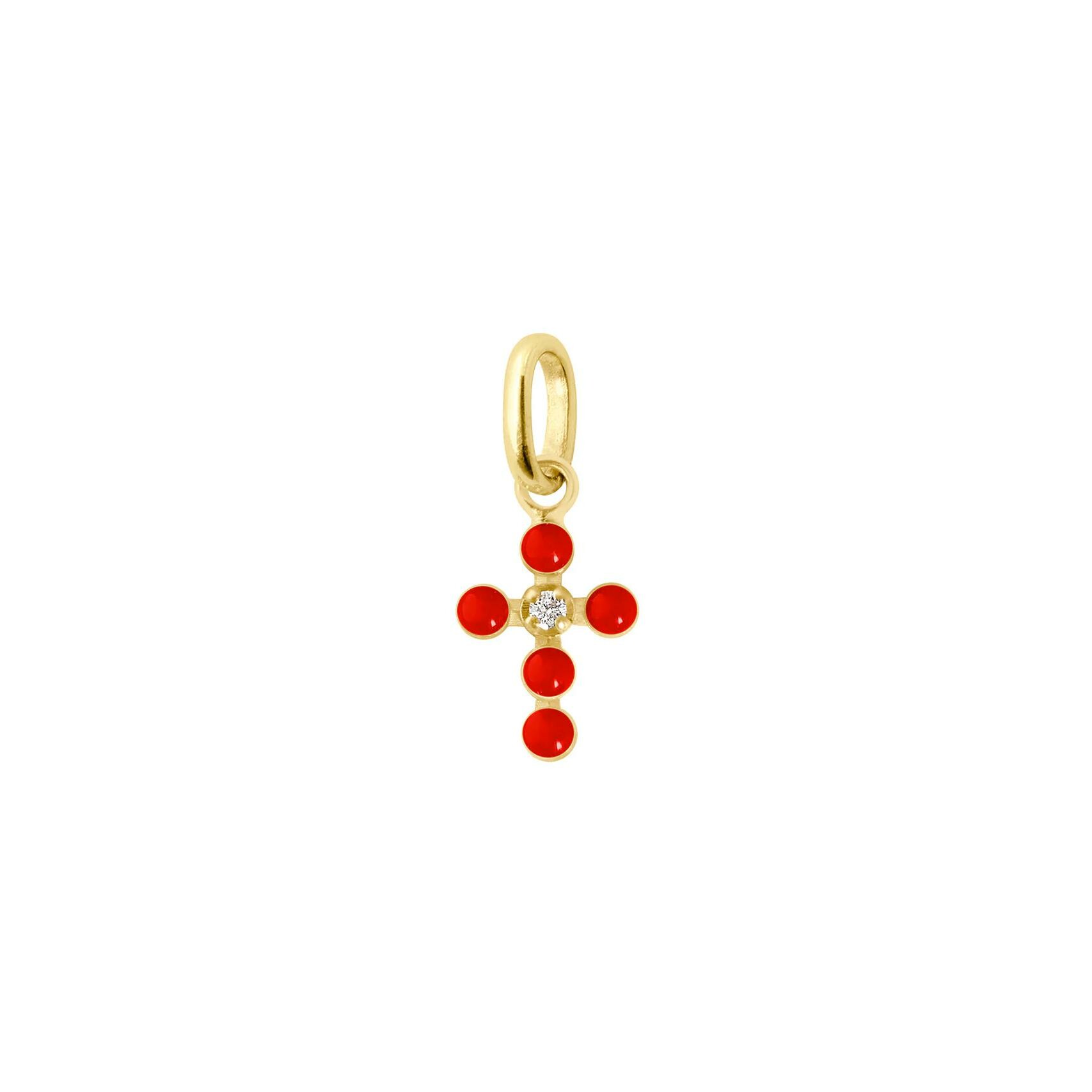 Pendentif Gigi Clozeau Croix Perlée en or jaune, résine corail et diamant