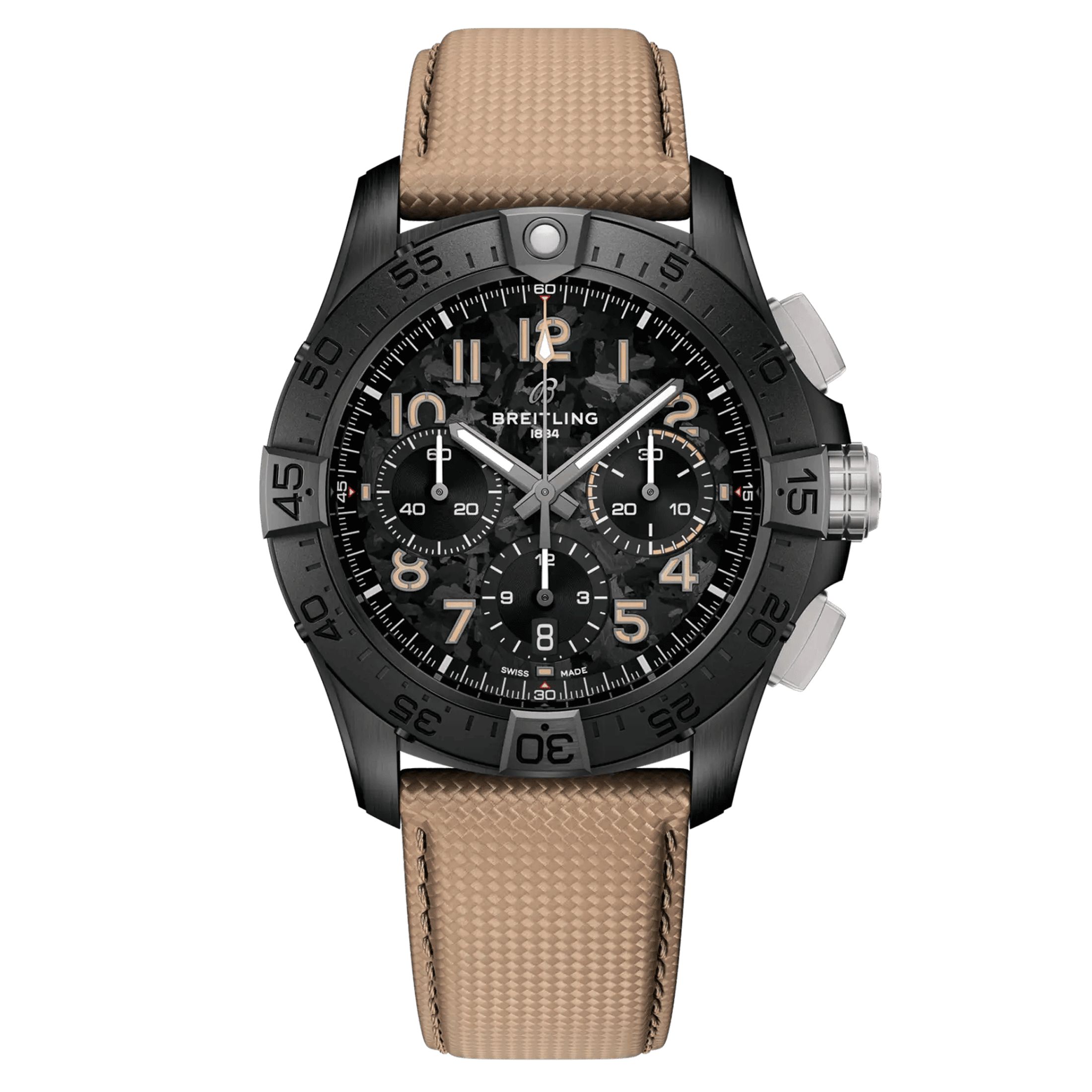 Montre Breitling Avenger B01 Chronograph Night Mission automatique cadran carbone bracelet cuir sable 44 mm