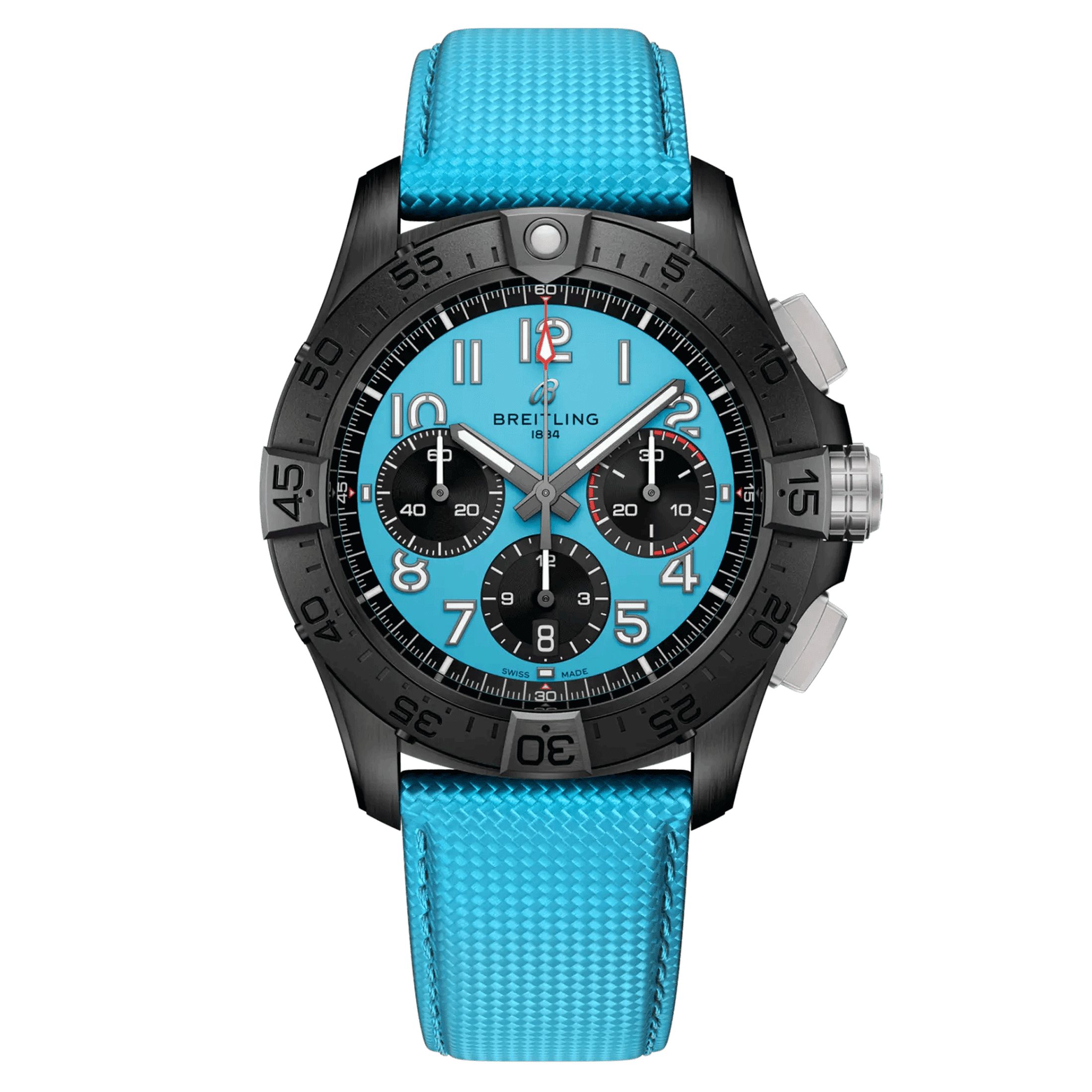 Montre Breitling Avenger B01 Chronograph Night Mission automatique cadran turquoise bracelet cuir turquoise 44 mm