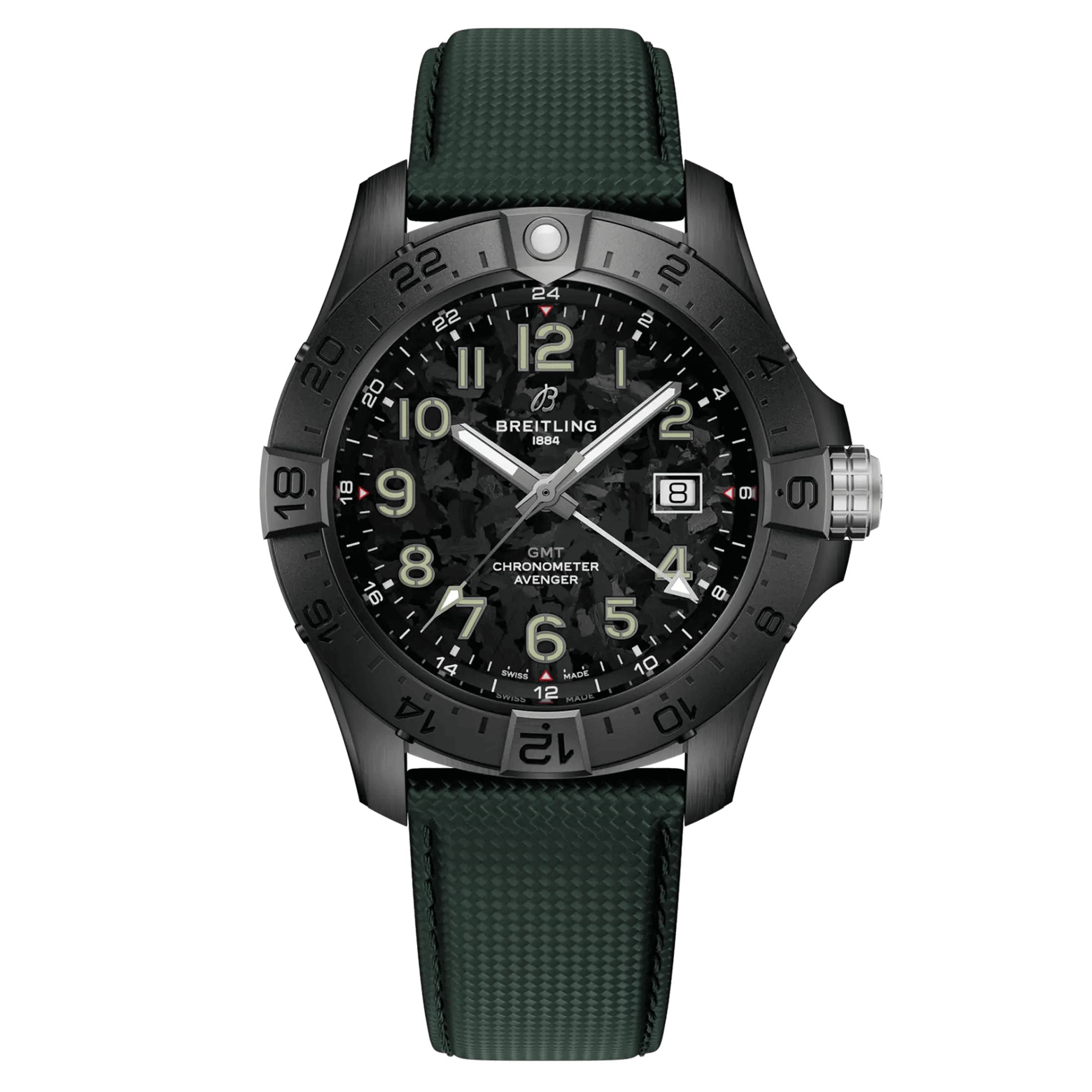 Montre Breitling Avenger GMT Night Mission automatique cadran carbone bracelet cuir vert 44 mm