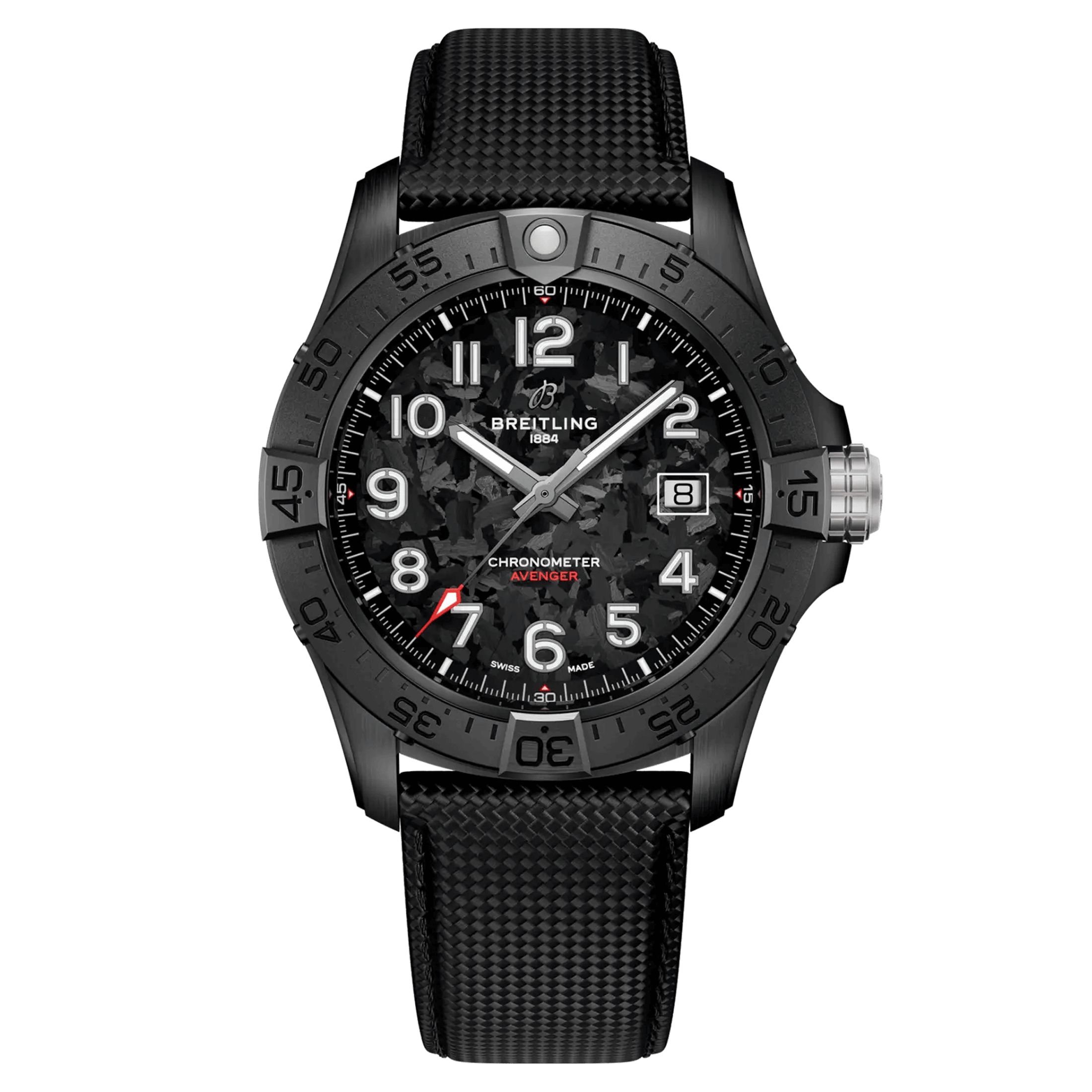 Montre Breitling Avenger Night Mission automatique cadran carbone bracelet cuir anthracite 42 mm