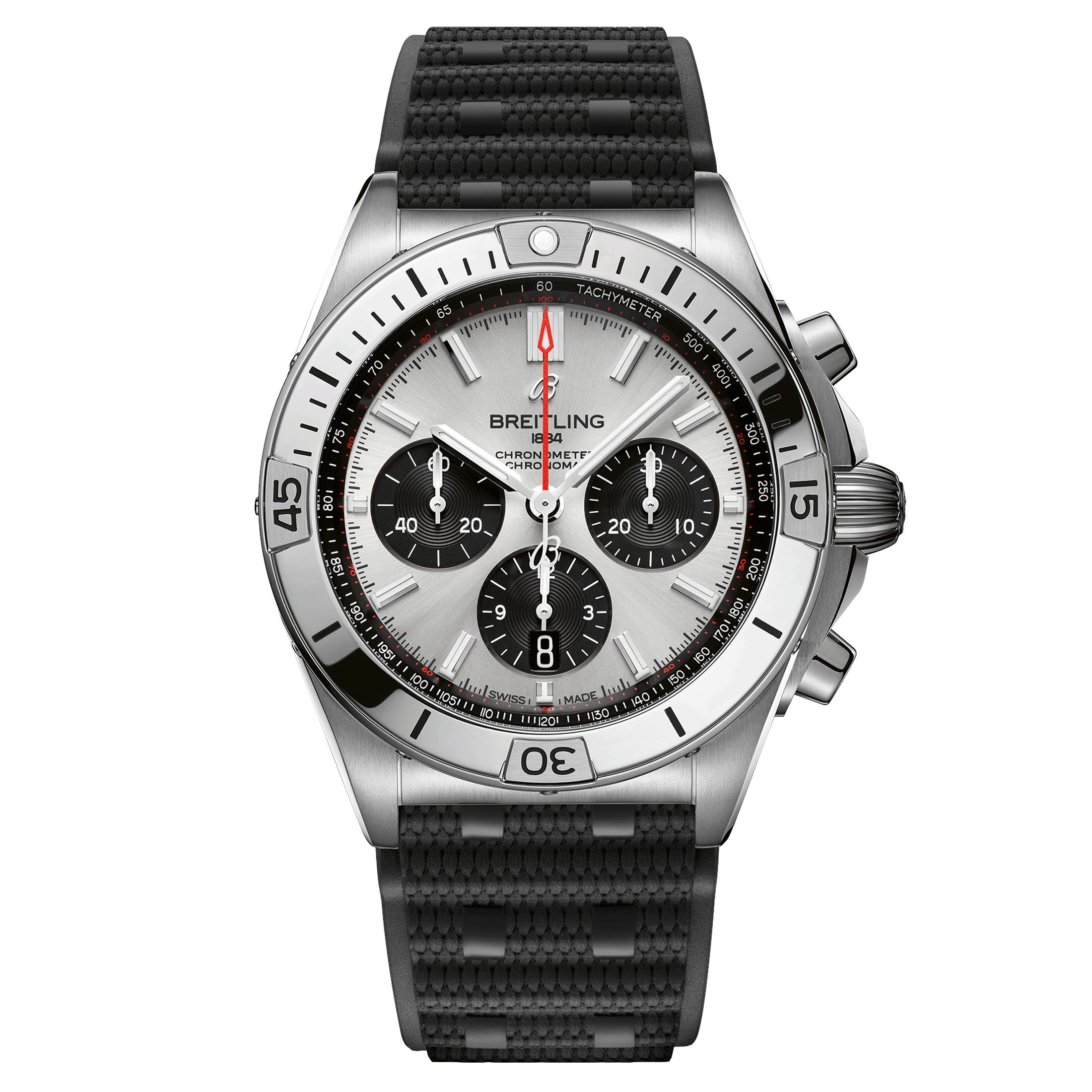 Montre Breitling Chronomat B01 Chronograph automatique cadran argent bracelet caoutchouc noir 42 mm