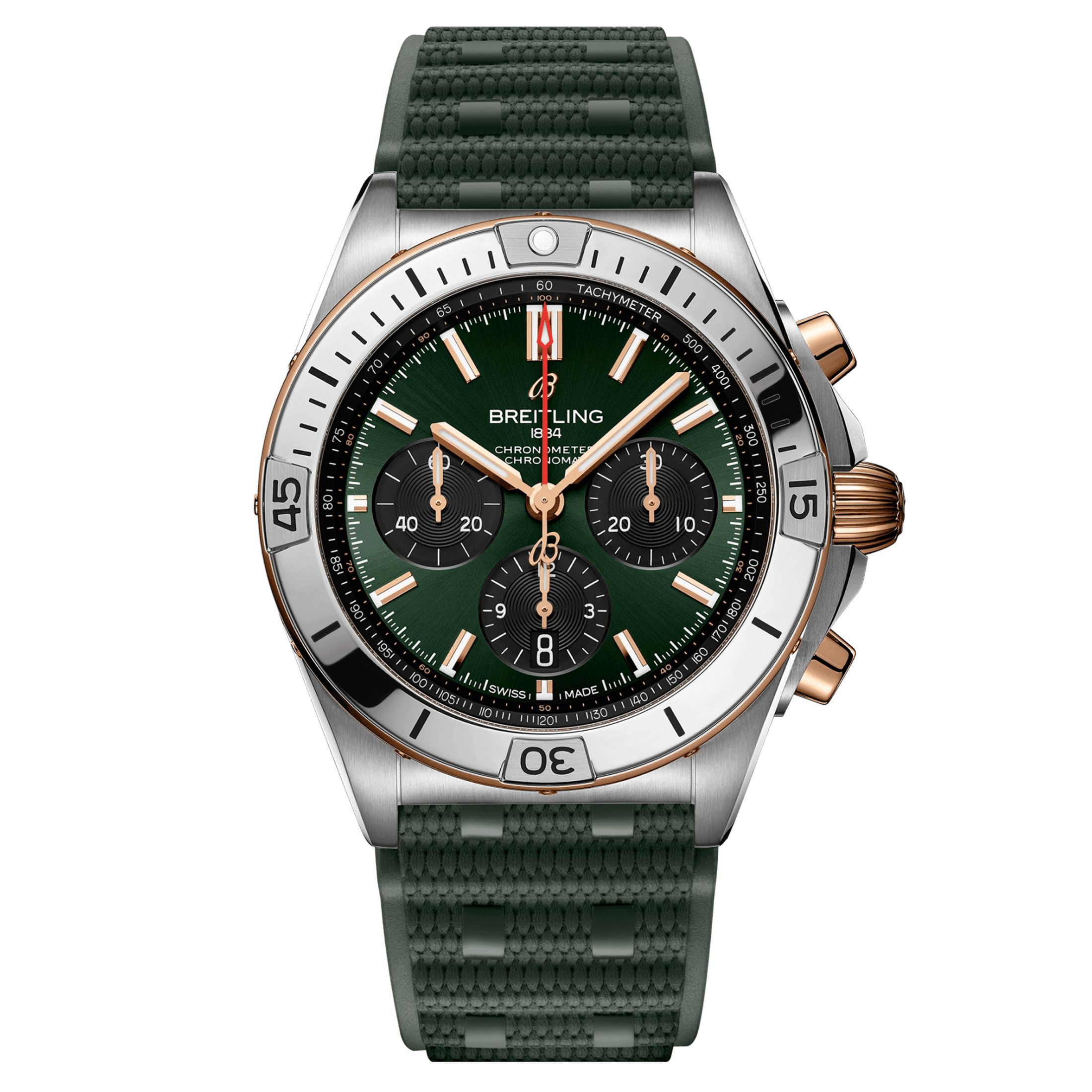 Montre Breitling Chronomat B01 Chronograph Or automatique cadran vert bracelet caoutchouc vert 42 mm