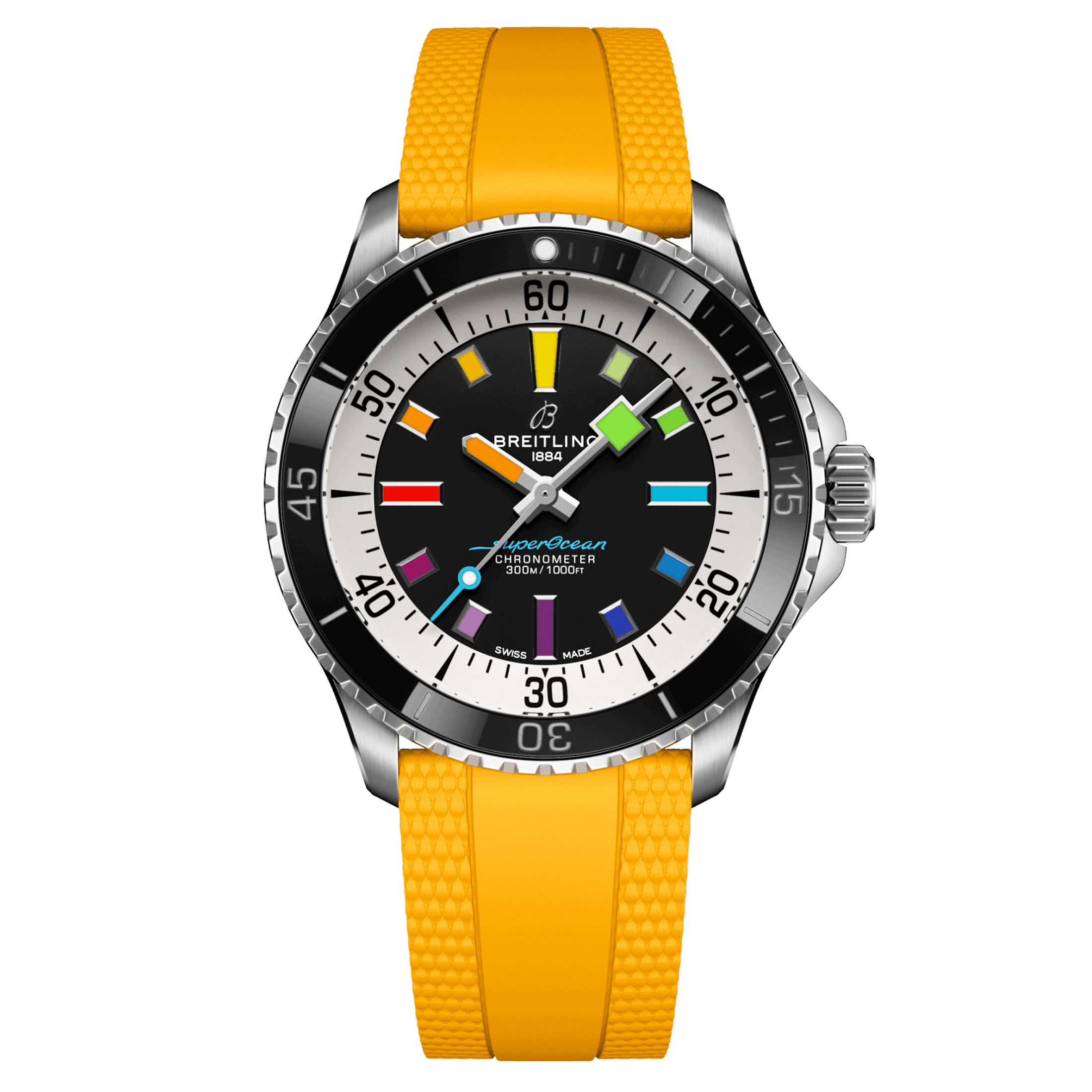 Montre Breitling Superocean automatique cadran noir bracelet caoutchouc jaune 42 mm