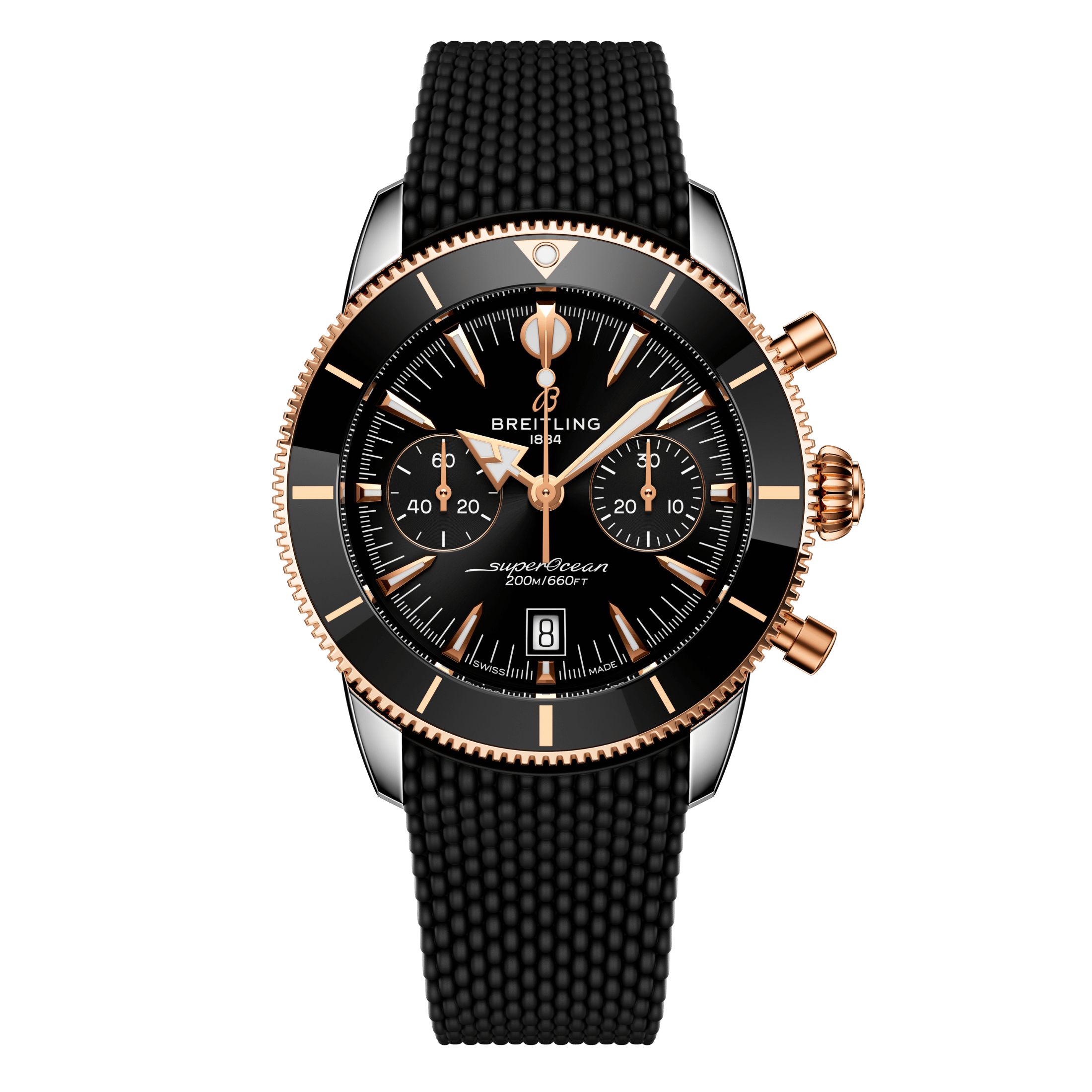 Montre Breitling Superocean Heritage B01 Chrono Acier & Or Rouge automatique cadran noir bracelet caoutchouc 42 mm