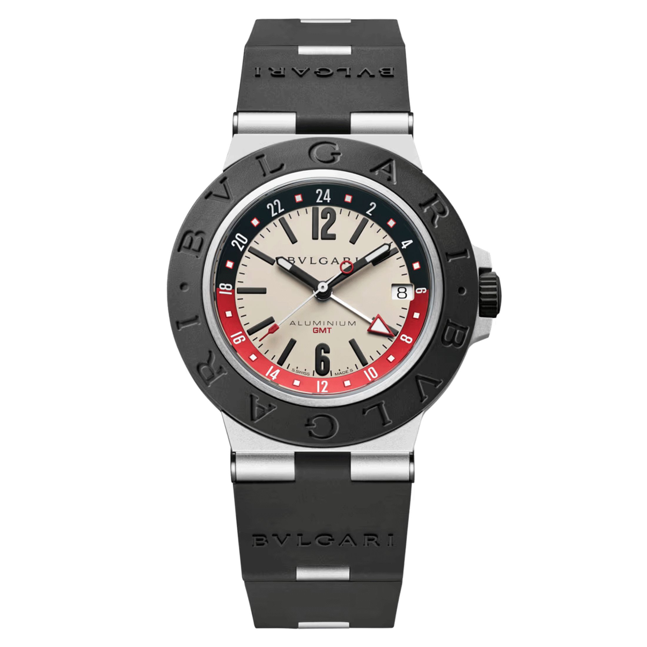 Montre Bulgari Bvlgari Aluminium GMT automatique cadran blanc bracelet caoutchouc noir 40 mm