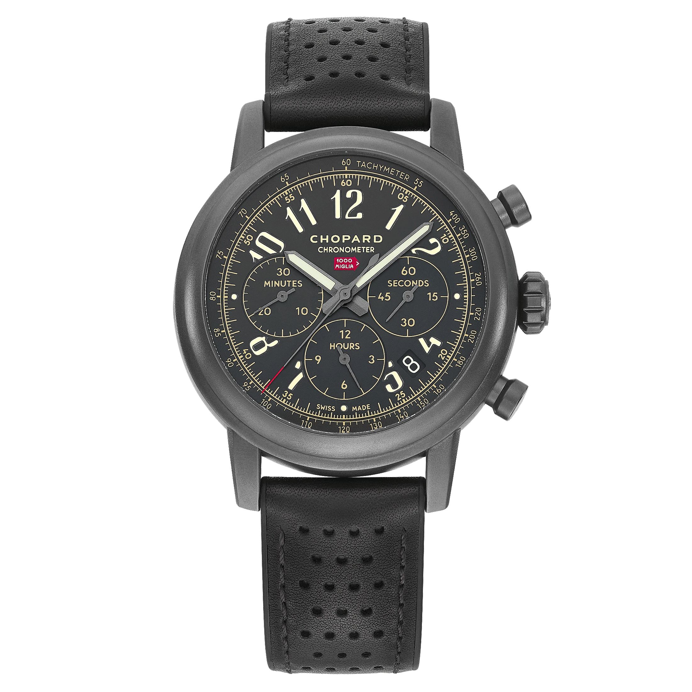 Montre Chopard Mille Miglia Race Edition Chronographe automatique cadran noir bracelet cuir noir 42 mm