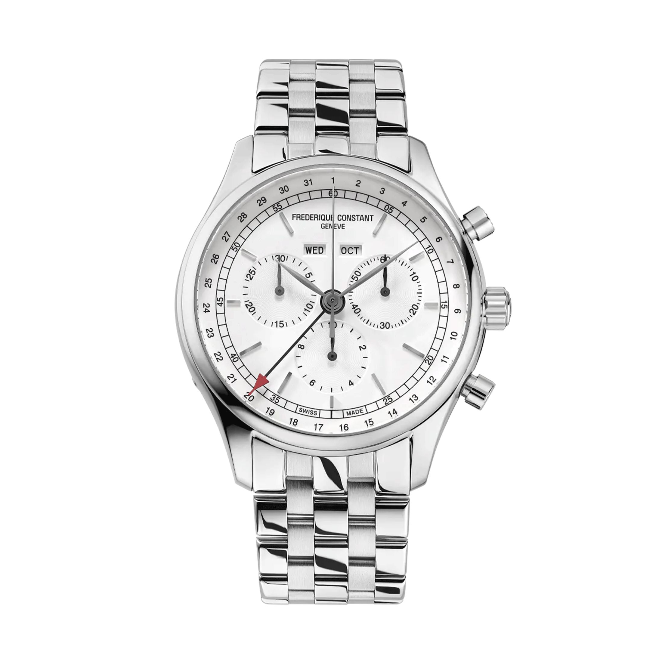 Montre Frédérique Constant Classics Quartz Chronographe Triple calendrier cadran blanc bracelet acier 40 mm
