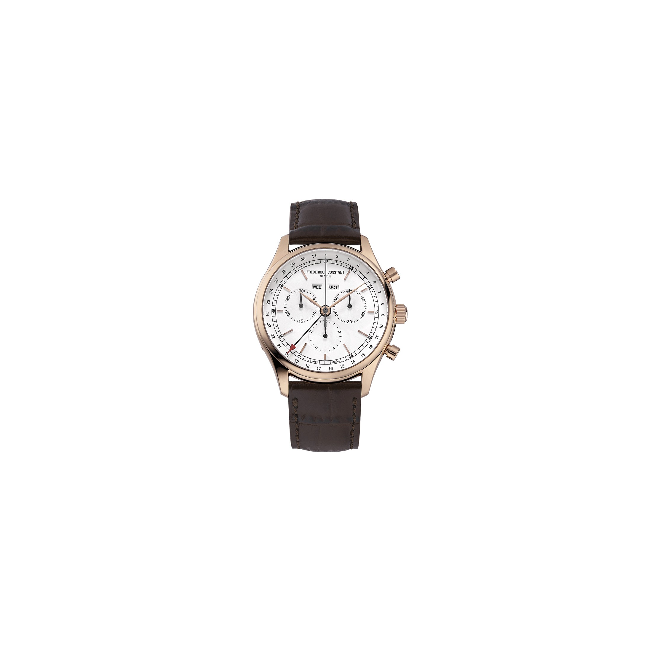 Montre Frédérique Constant Classics Quartz Chronographe Triple calendrier PVD or rose cadran blanc bracelet cuir 40 mm
