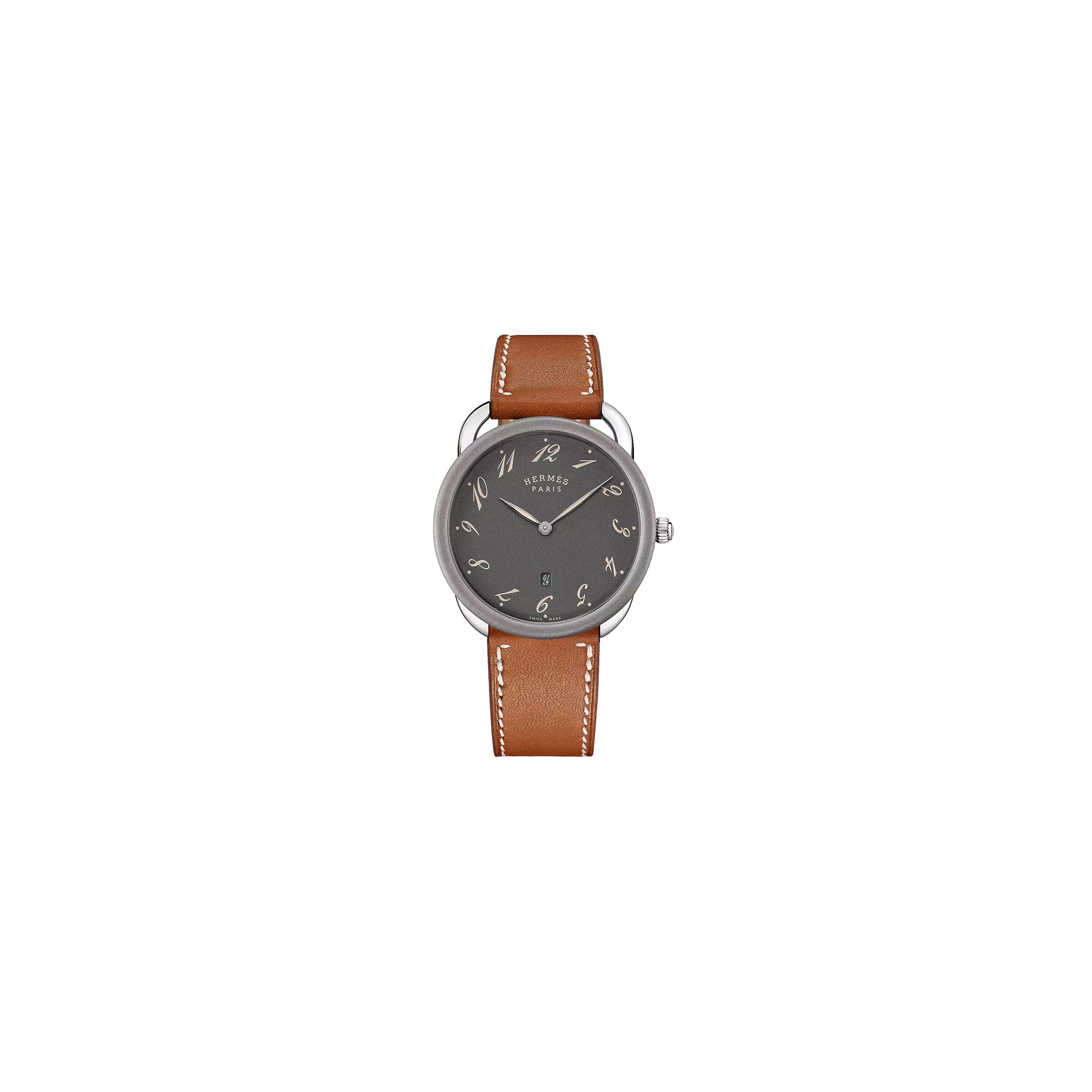 Montre HERMÈS Arceau 78 Grand Modèle quartz cadran anthracite bracelet cuir marron 40 mm