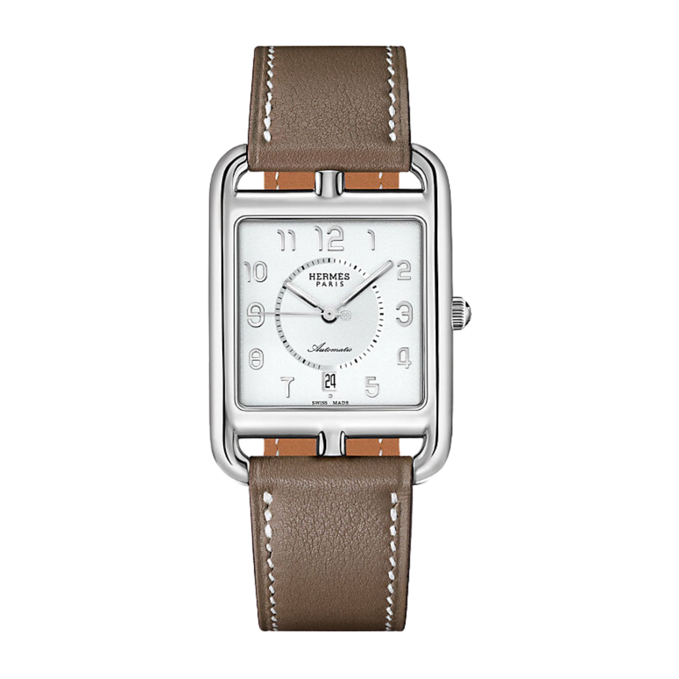 Montre HERMÈS Cape Cod Grand Modèle automatique cadran blanc bracelet cuir taupe 37 mm