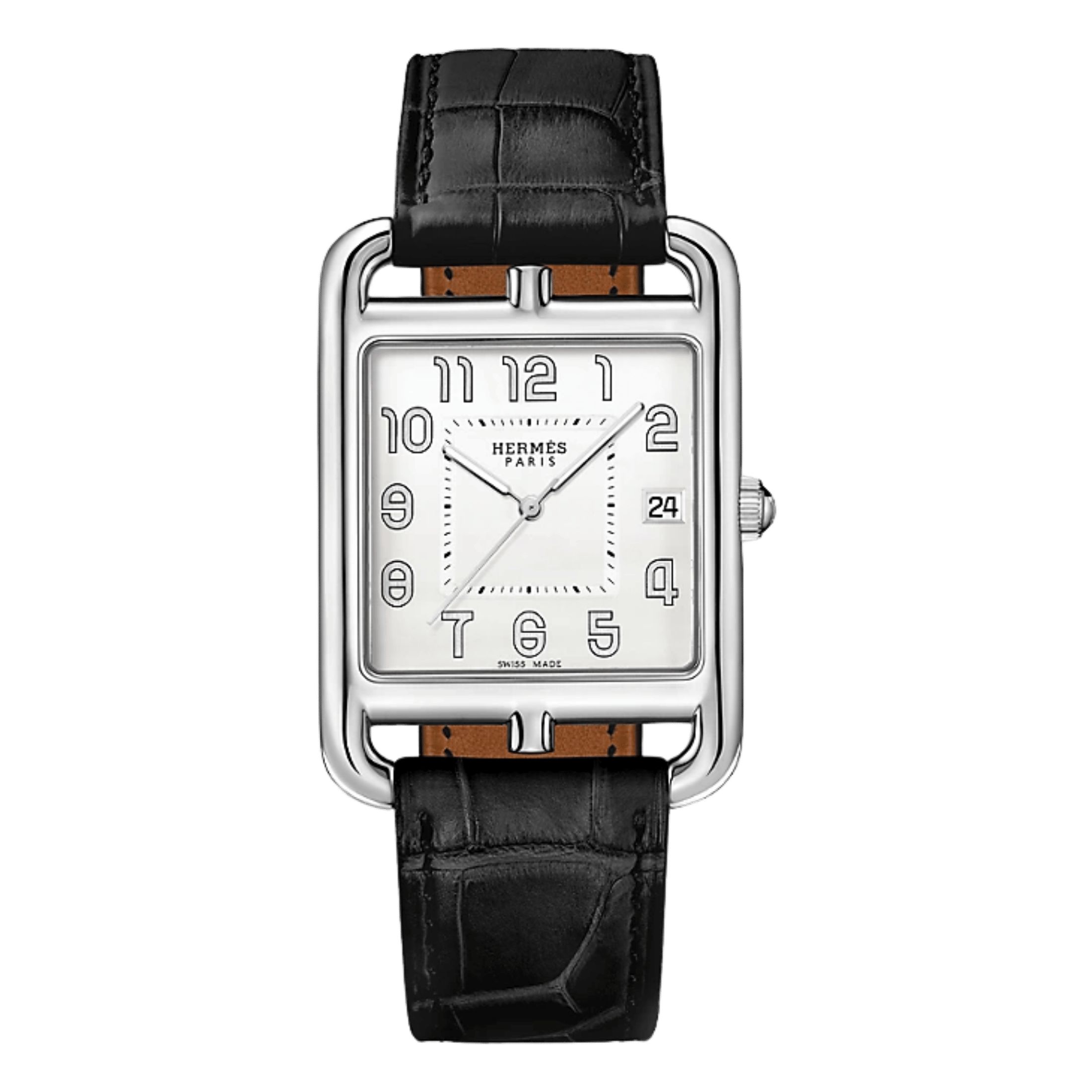 Montre HERMÈS Cape Cod Quartz cadran argenté bracelet cuir noir 41 mm