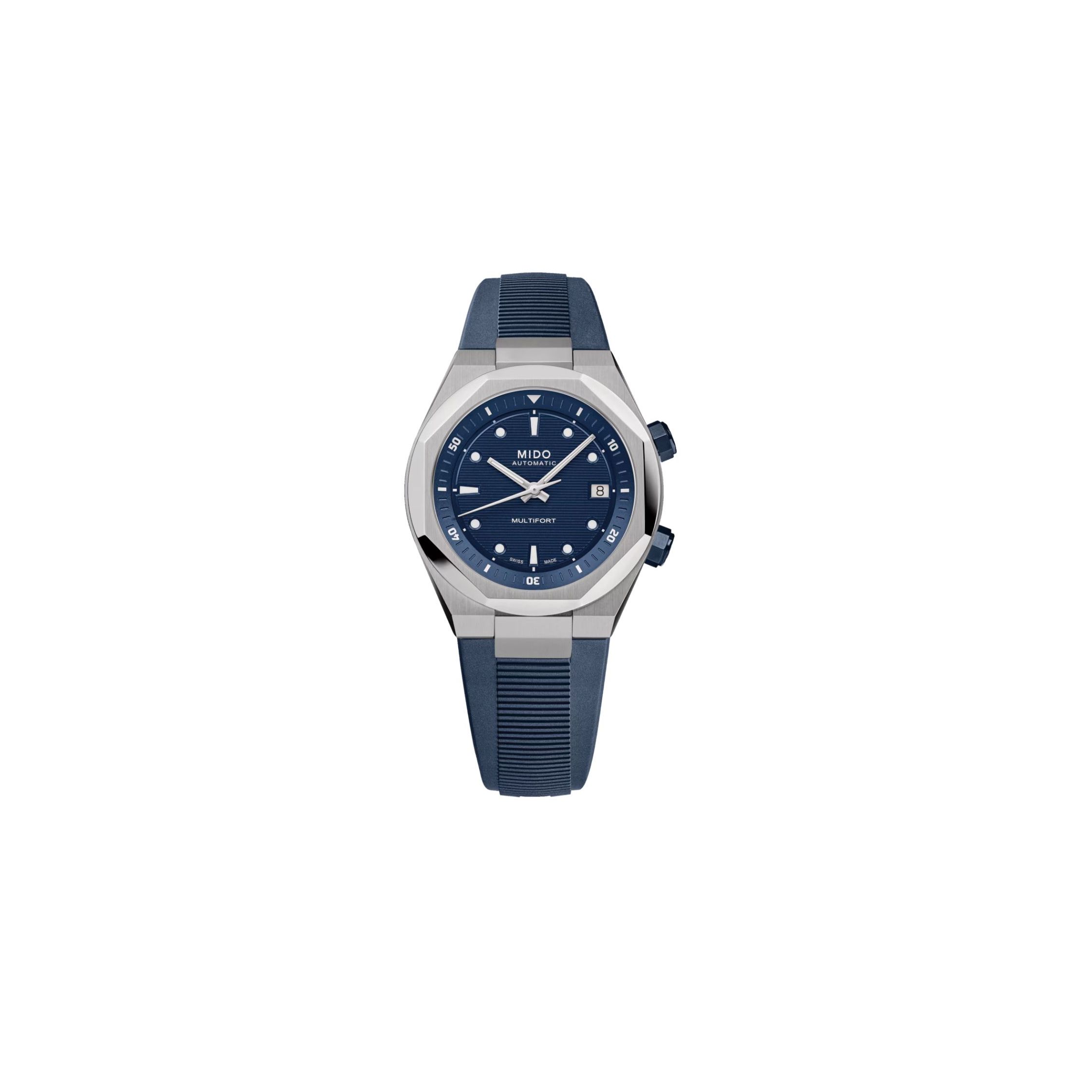 Montre Mido Multifort 8 Two Crowns automatique cadran bleu bracelet caoutchouc 40 mm