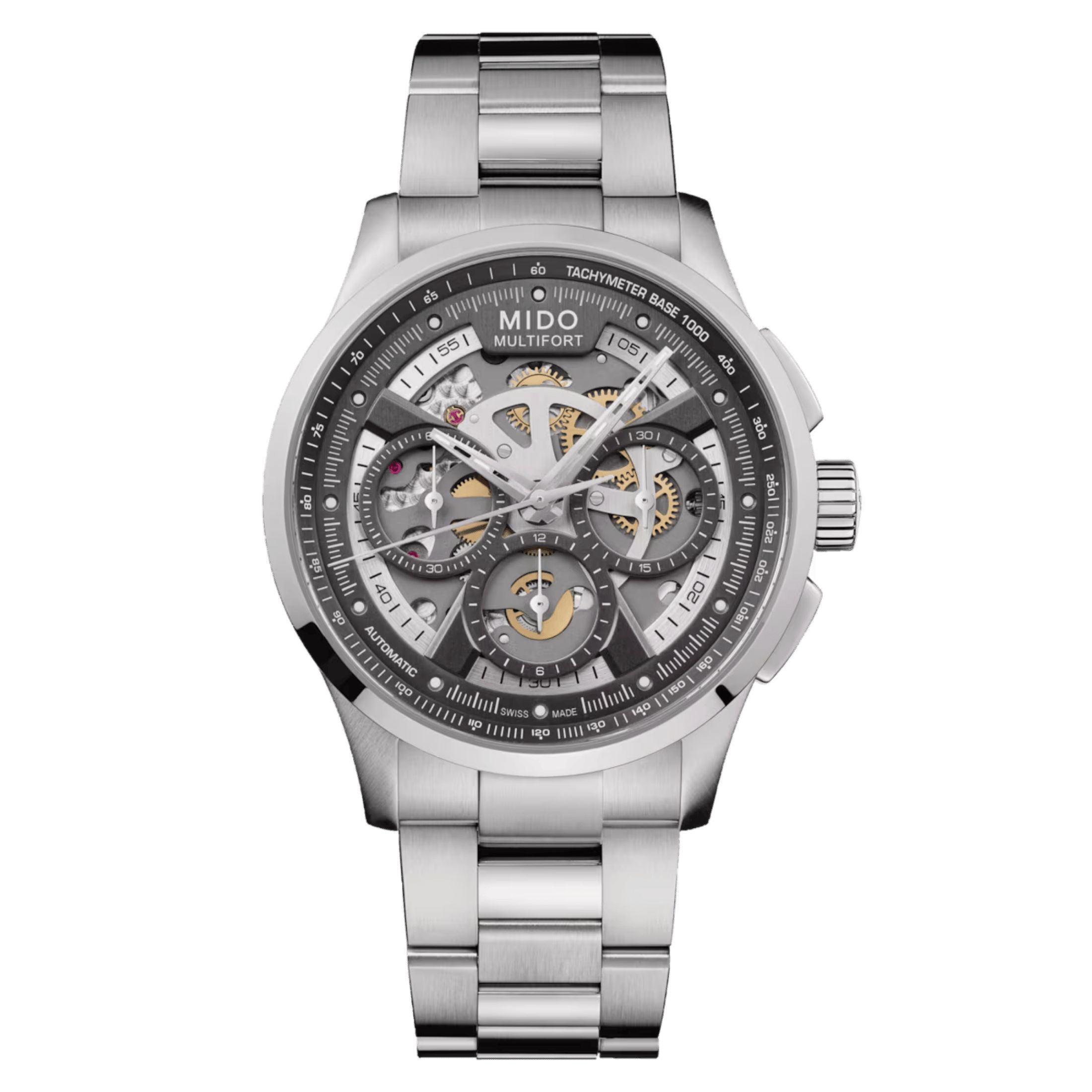 Montre Mido Multifort Skeleton Chronograph automatique bracelet acier 44 mm