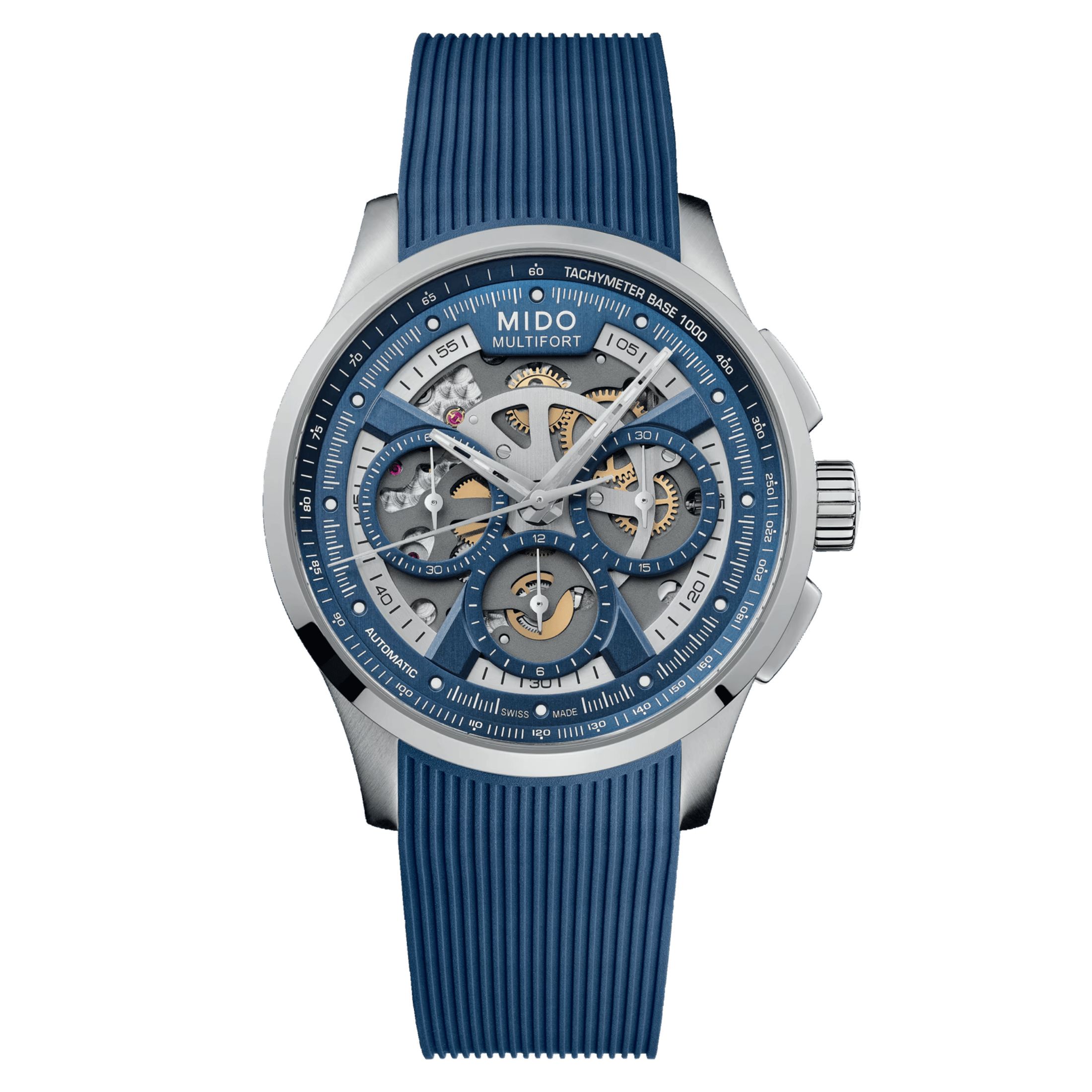 Montre Mido Multifort Skeleton Chronograph automatique bracelet caoutchouc bleu 44 mm