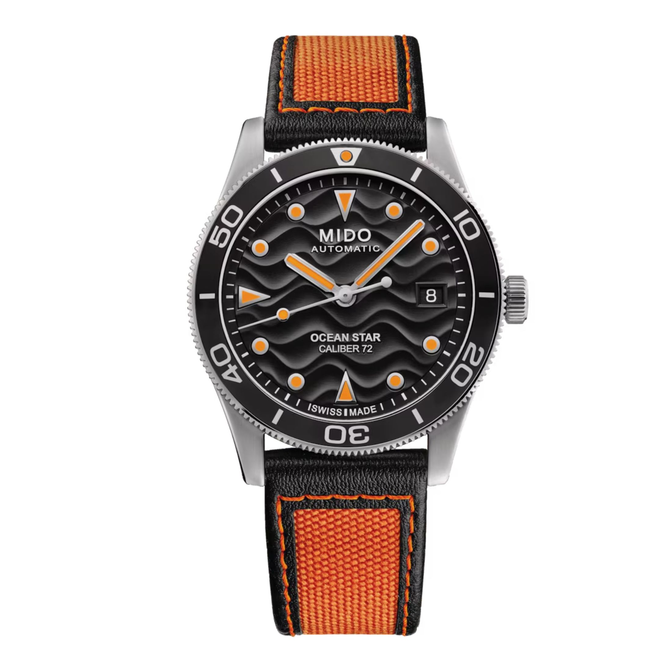 Montre Mido Ocean Star 39 automatique cadran noir bracelet tissu orange 39 mm