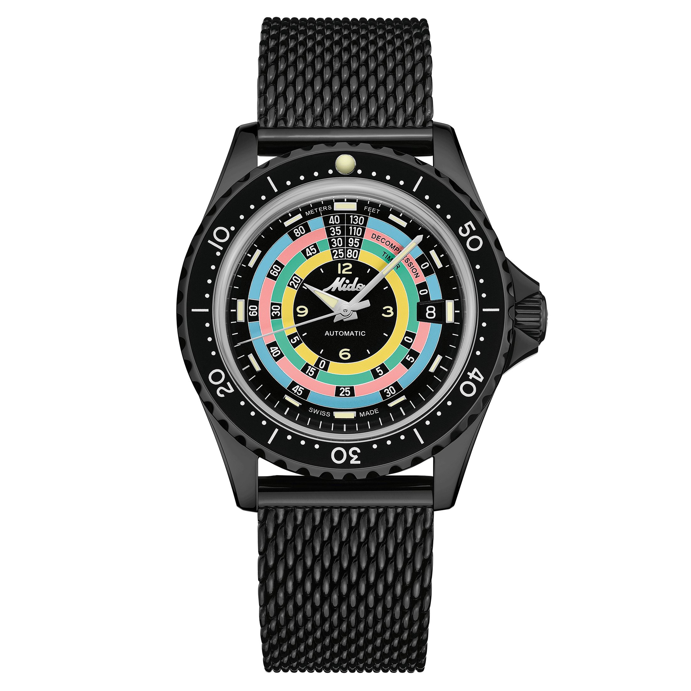 Montre Mido Ocean Star Decompression Timer automatique cadran multicolore bracelet acier maille milanaise noire 40,5 mm