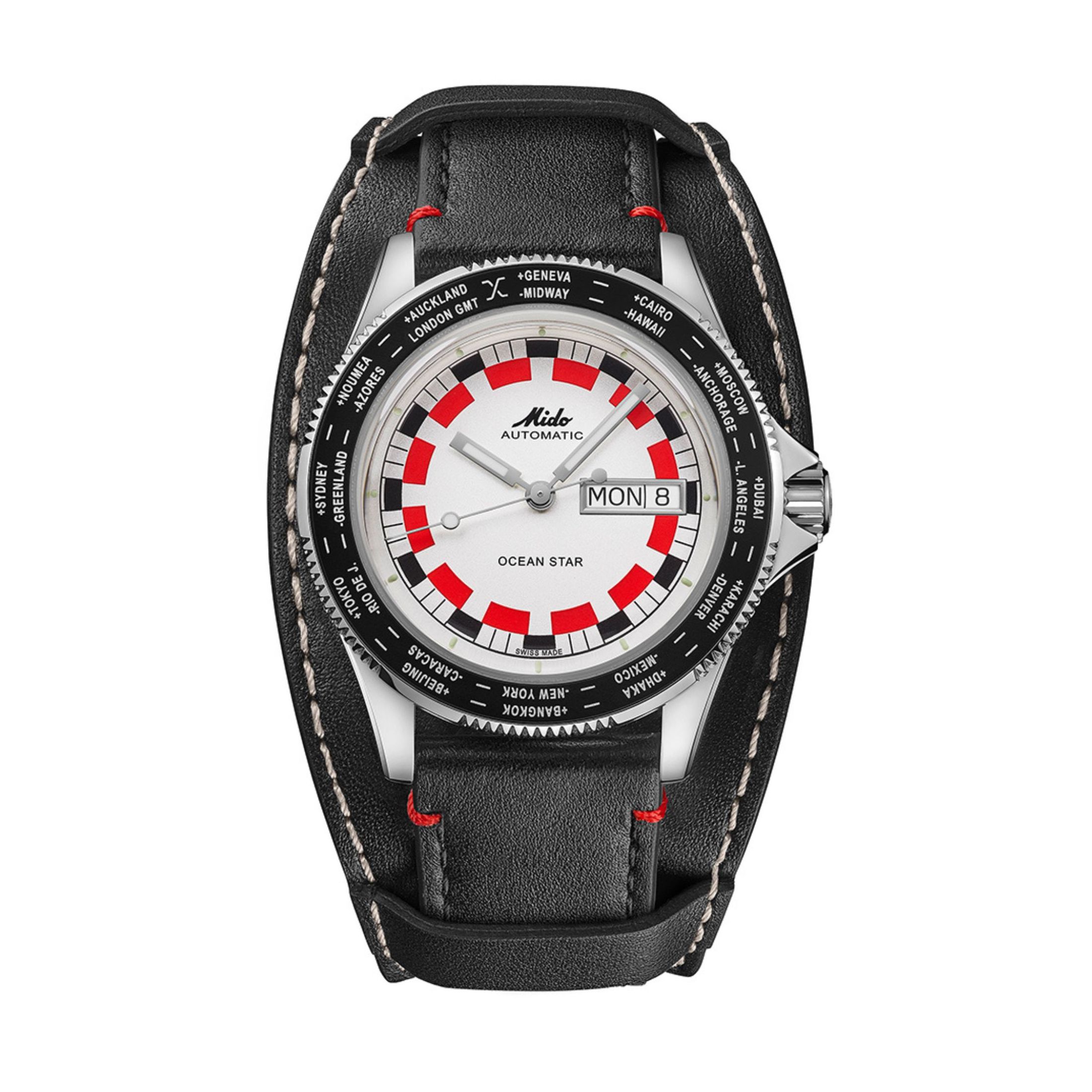 Montre Mido Ocean Star WorldTimer automatique cadran blanc et rouge bracelet cuir noir sous-couche amovible 40,5 mm