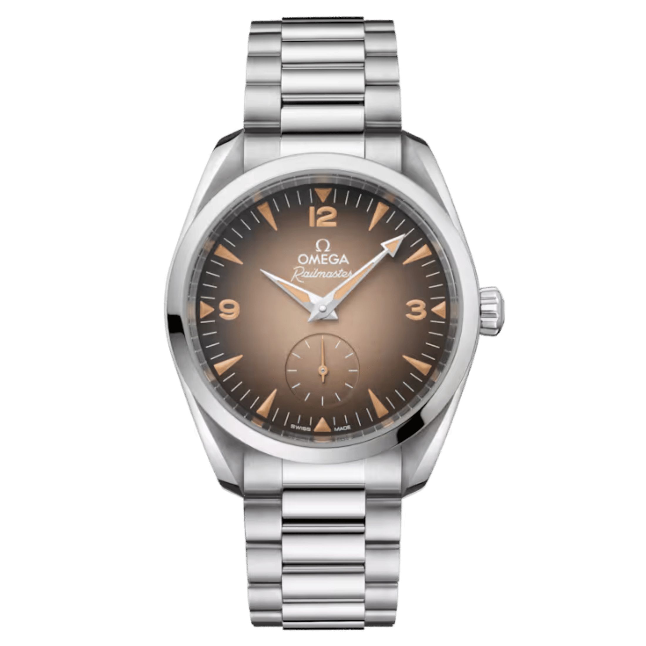 Montre Omega Seamaster Railmaster Co-Axial Master Chronometer cadran beige bracelet acier 38 mm