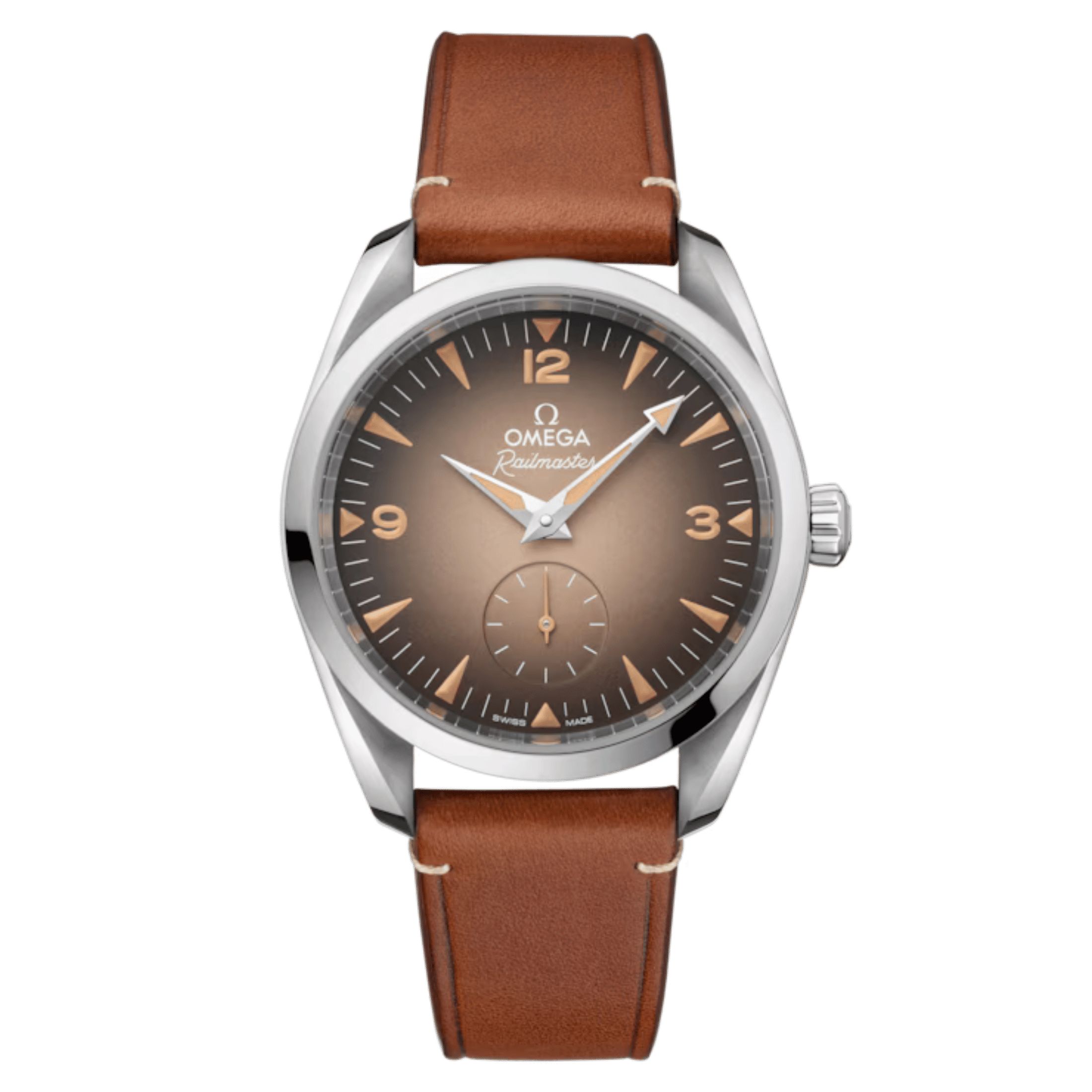 Montre Omega Seamaster Railmaster Co-Axial Master Chronometer cadran beige bracelet cuir 38 mm