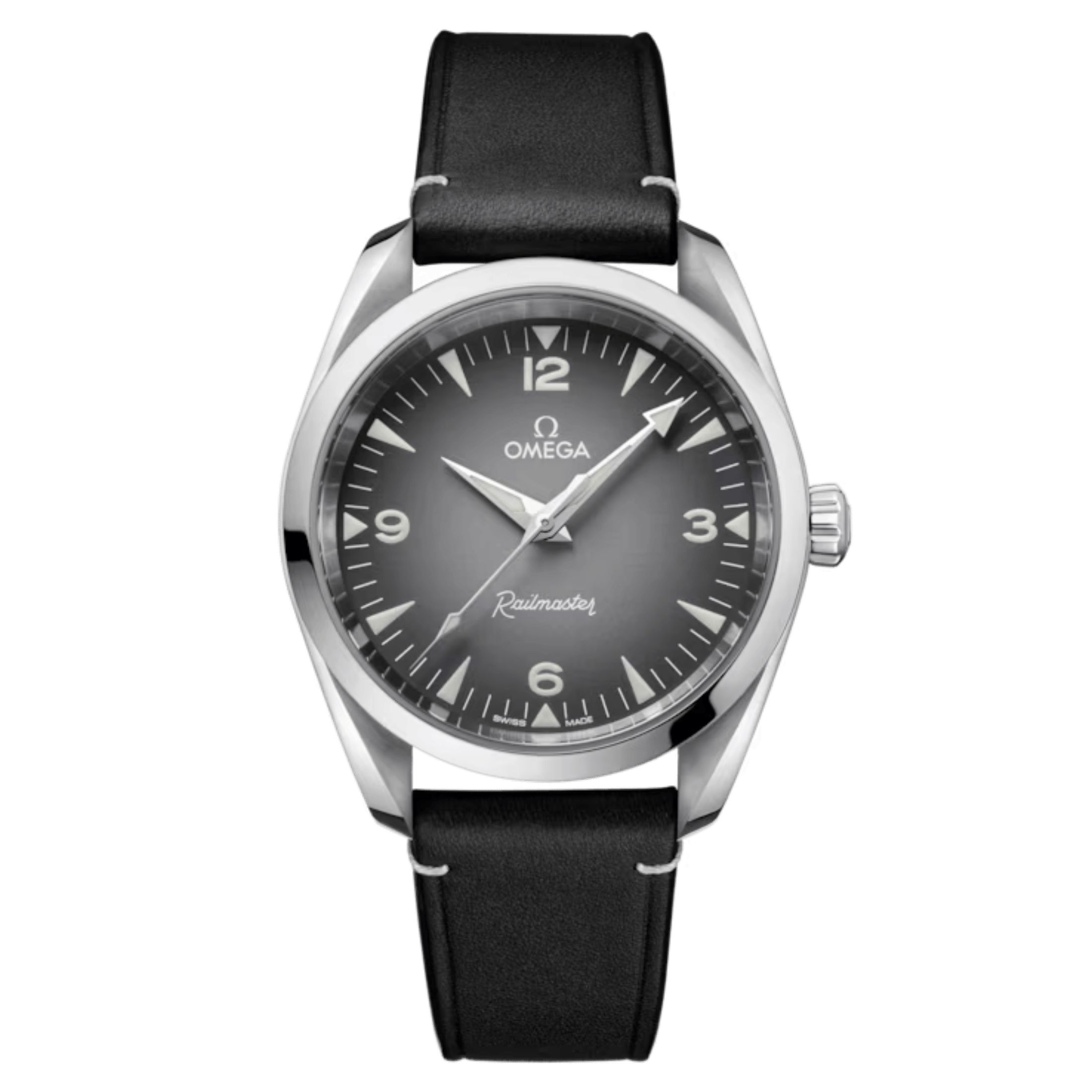 Montre Omega Seamaster Railmaster Co-Axial Master Chronometer cadran gris bracelet cuir 38 mm