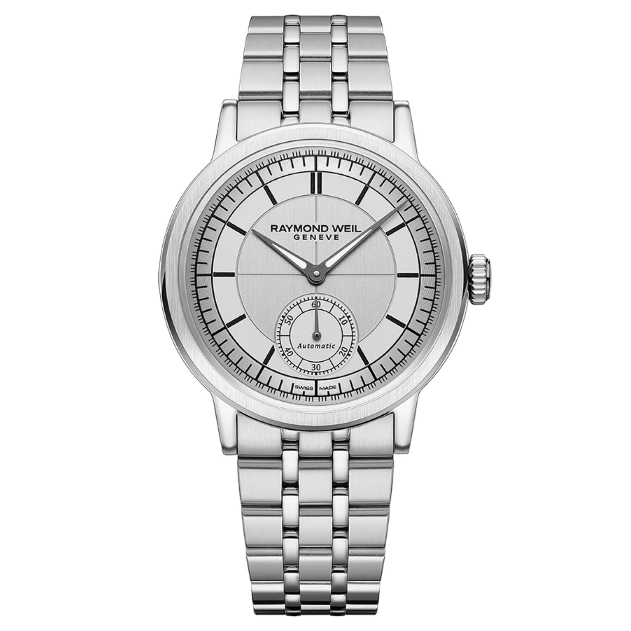 Montre Raymond Weil Millesime Automatique Petite Seconde cadran argenté bracelet acier 39,5 mm