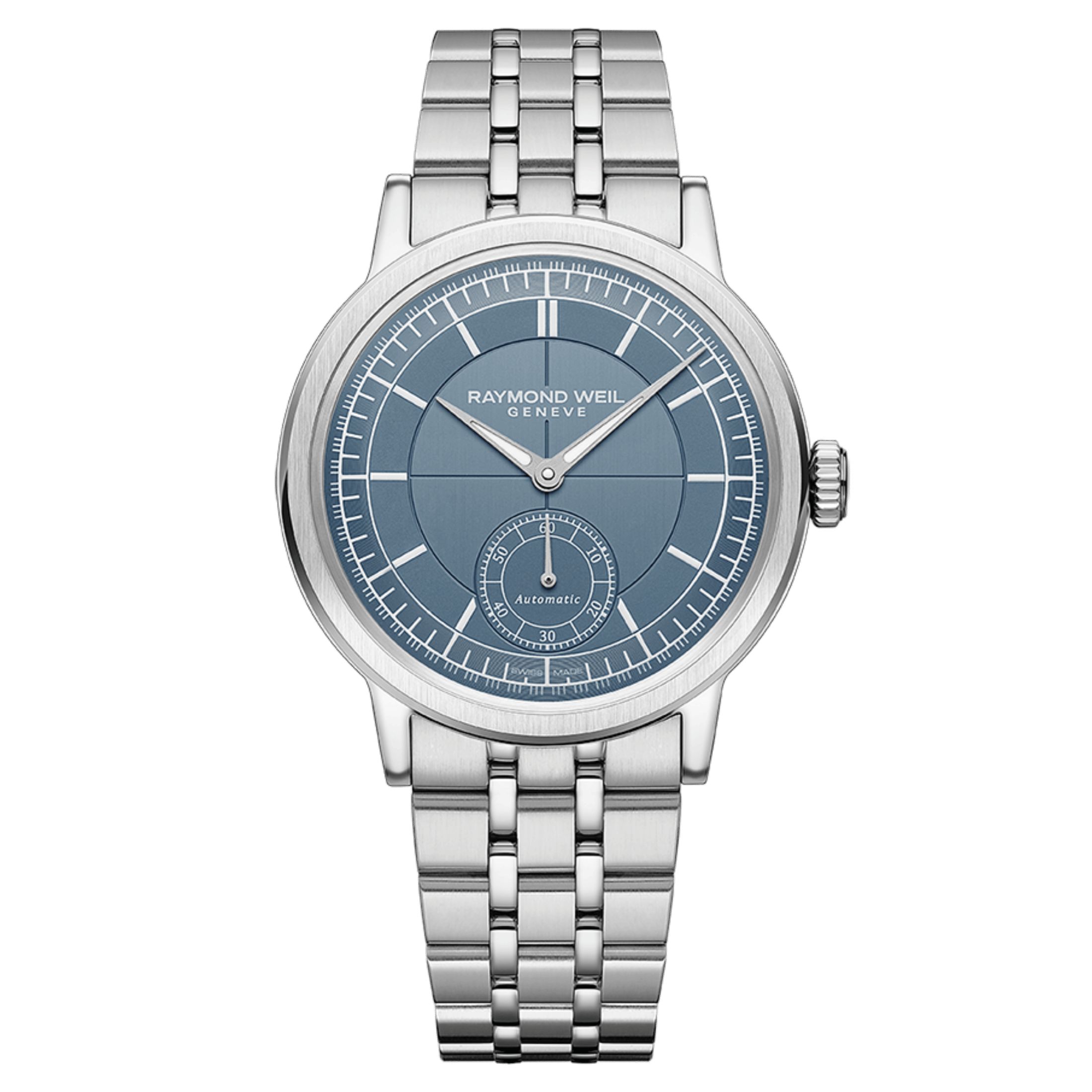 Montre Raymond Weil Millesime Automatique Petite Seconde cadran bleu bracelet acier 39,5 mm