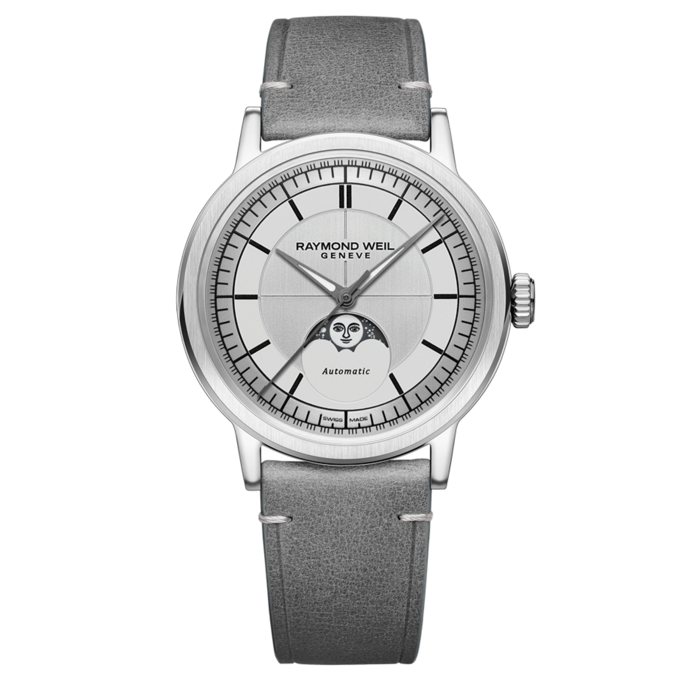 Montre Raymond Weil Millesime Automatique Phase de Lune cadran argenté bracelet cuir 39,5 mm