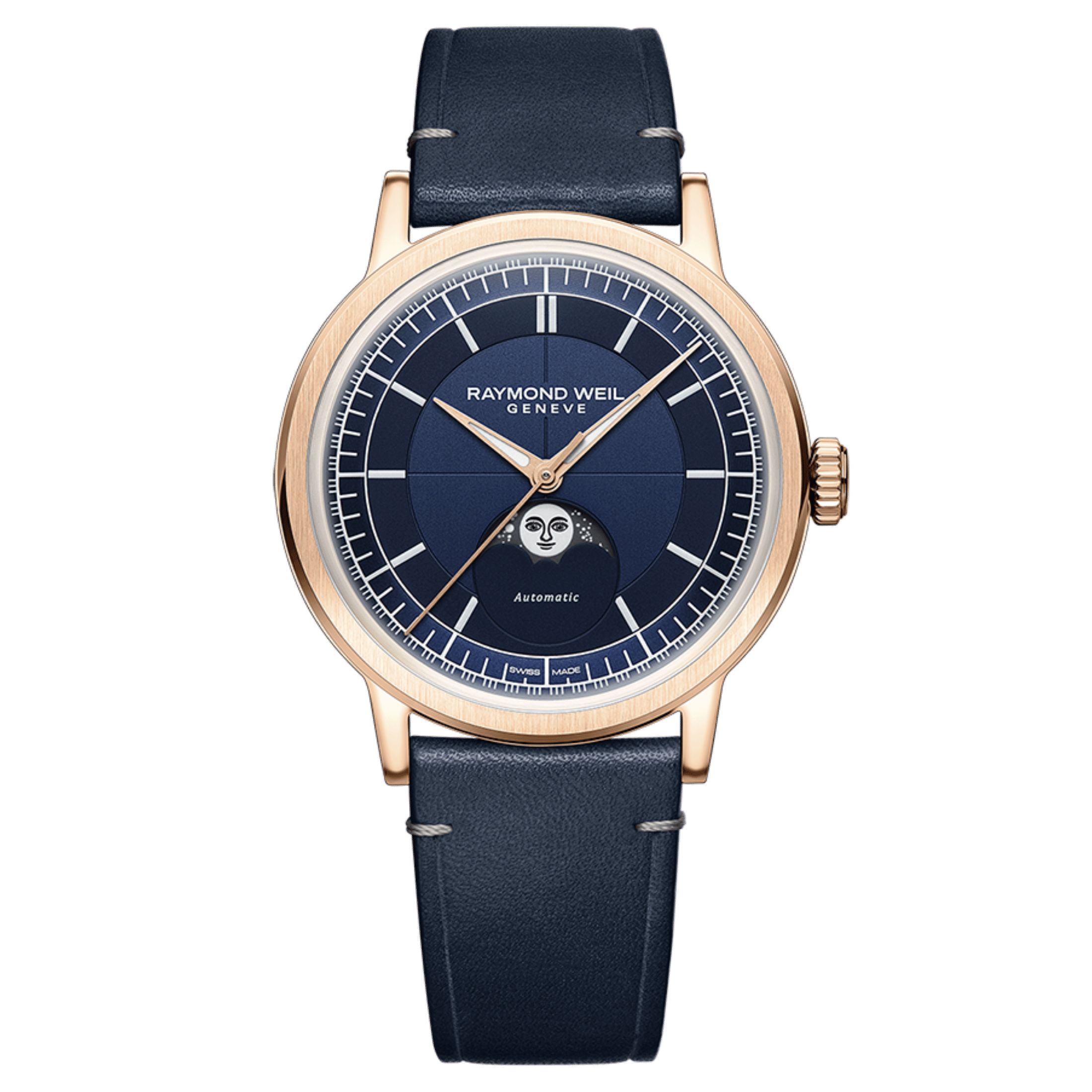 Montre Raymond Weil Millesime Automatique Phase de Lune PVD Or rose cadran bleu bracelet cuir 39,5 mm