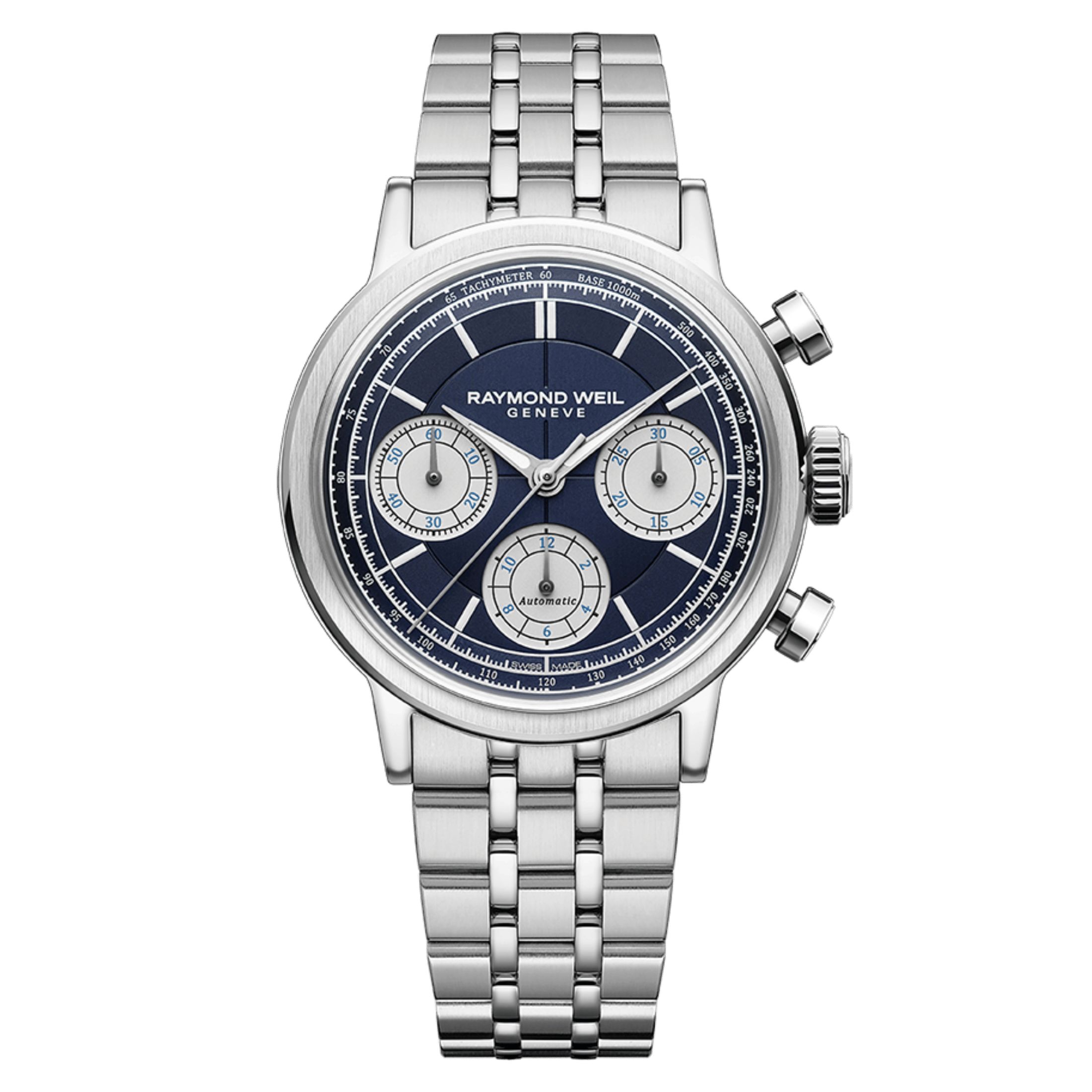 Montre Raymond Weil Millesime Chronographe Tri-Compax automatique cadran bleu bracelet acier 39,5 mm