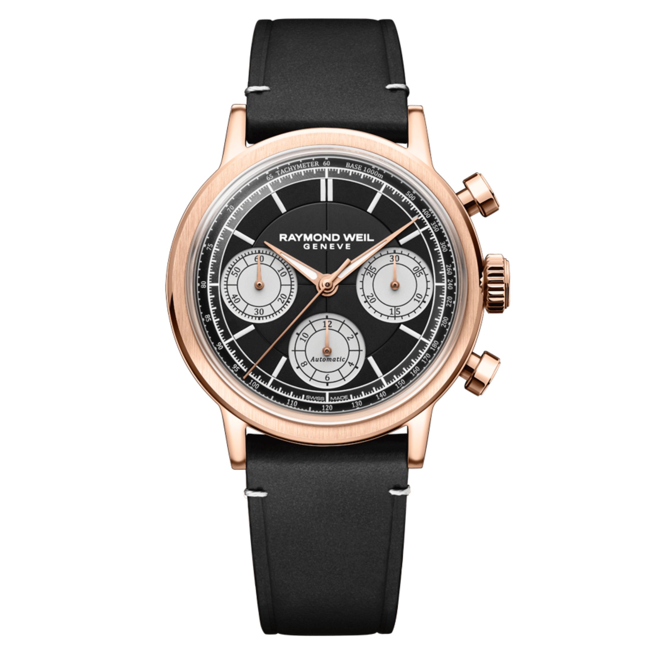Montre Raymond Weil Millesime Chronographe Tri-Compax automatique PDV Or rose cadran noir bracelet cuir 39 mm