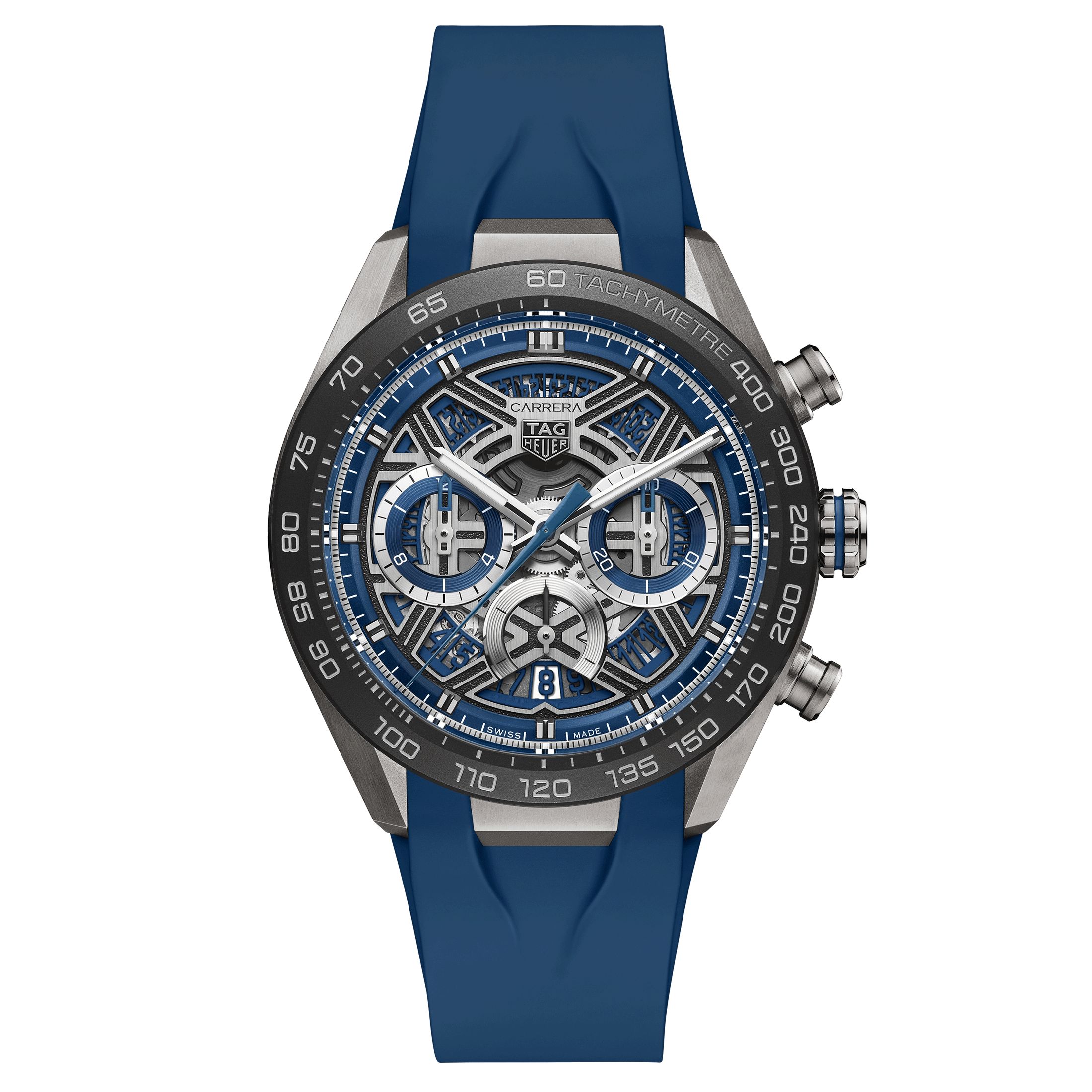 Montre TAG Heuer Carrera Chronographe Extreme Sport automatique cadran squelette bracelet caoutchouc bleu 44 mm