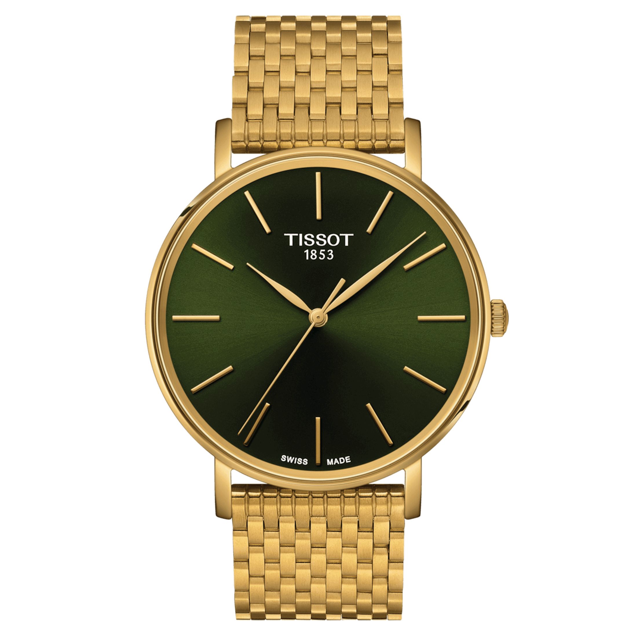Montre Tissot Everytime quartz cadran vert bracelet acier pvd or jaune 40 mm