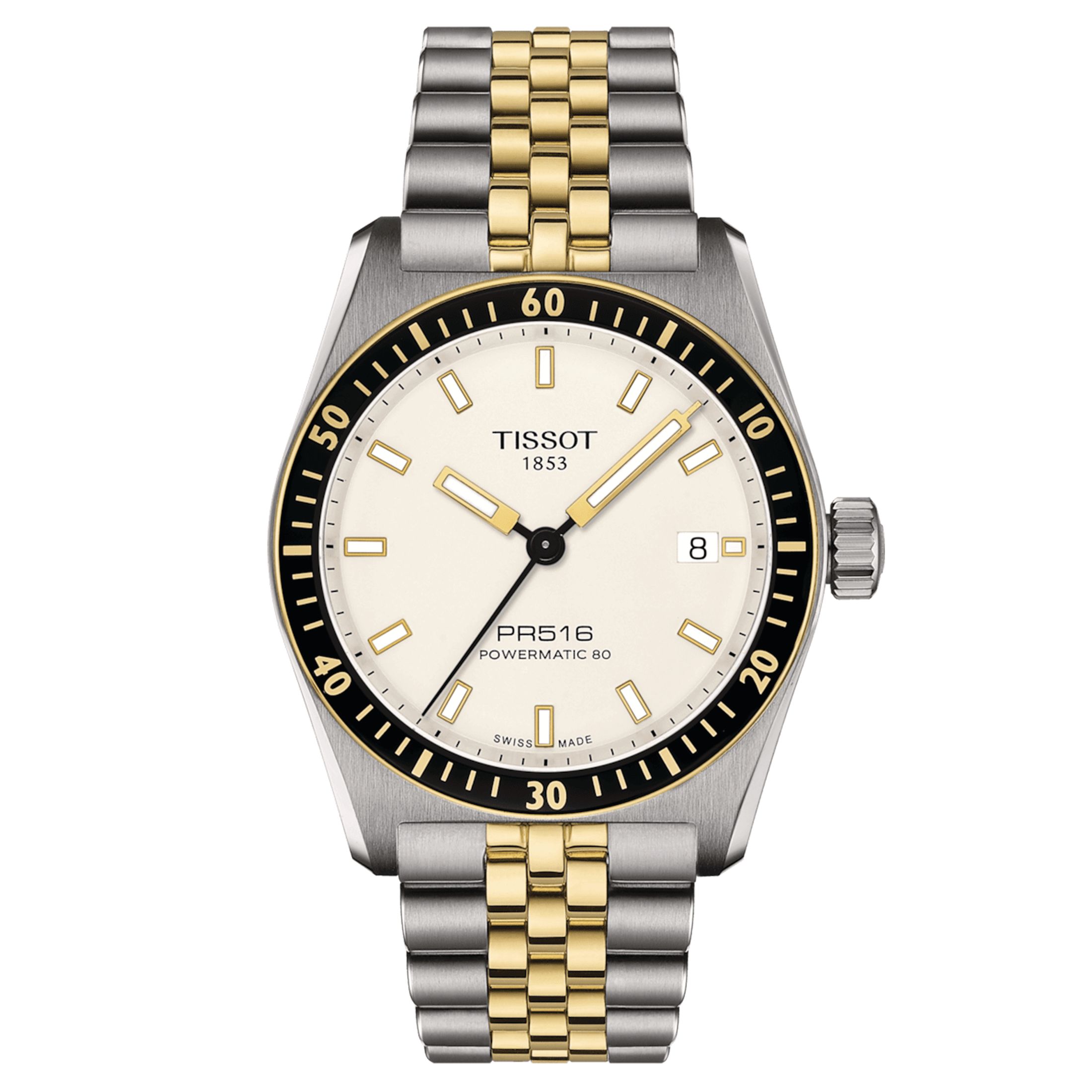 Montre Tissot T-Sport PR 516 Powermatic 80 cadran blanc bracelet acier pvd or jaune 38 mm