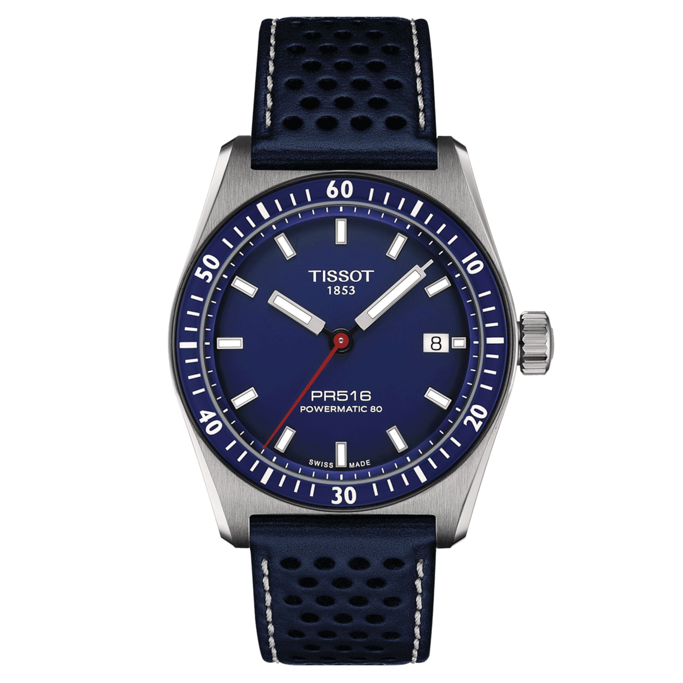 Montre Tissot T-Sport PR 516 Powermatic 80 cadran bleu bracelet cuir bleu 38 mm