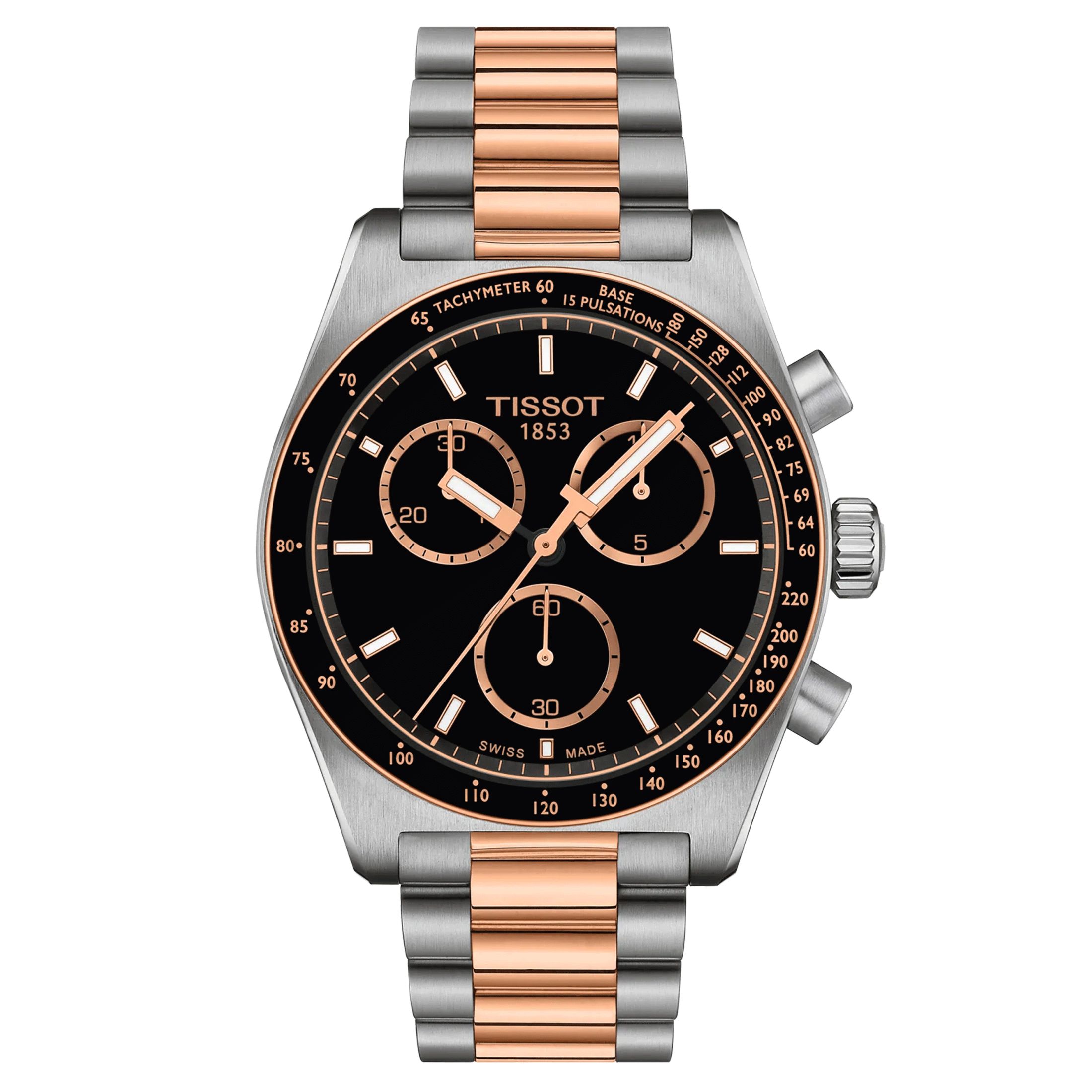 Montre Tissot T-Sport PR516 Chronographe quartz cadran noir bracelet acier pvd or rose 40 mm