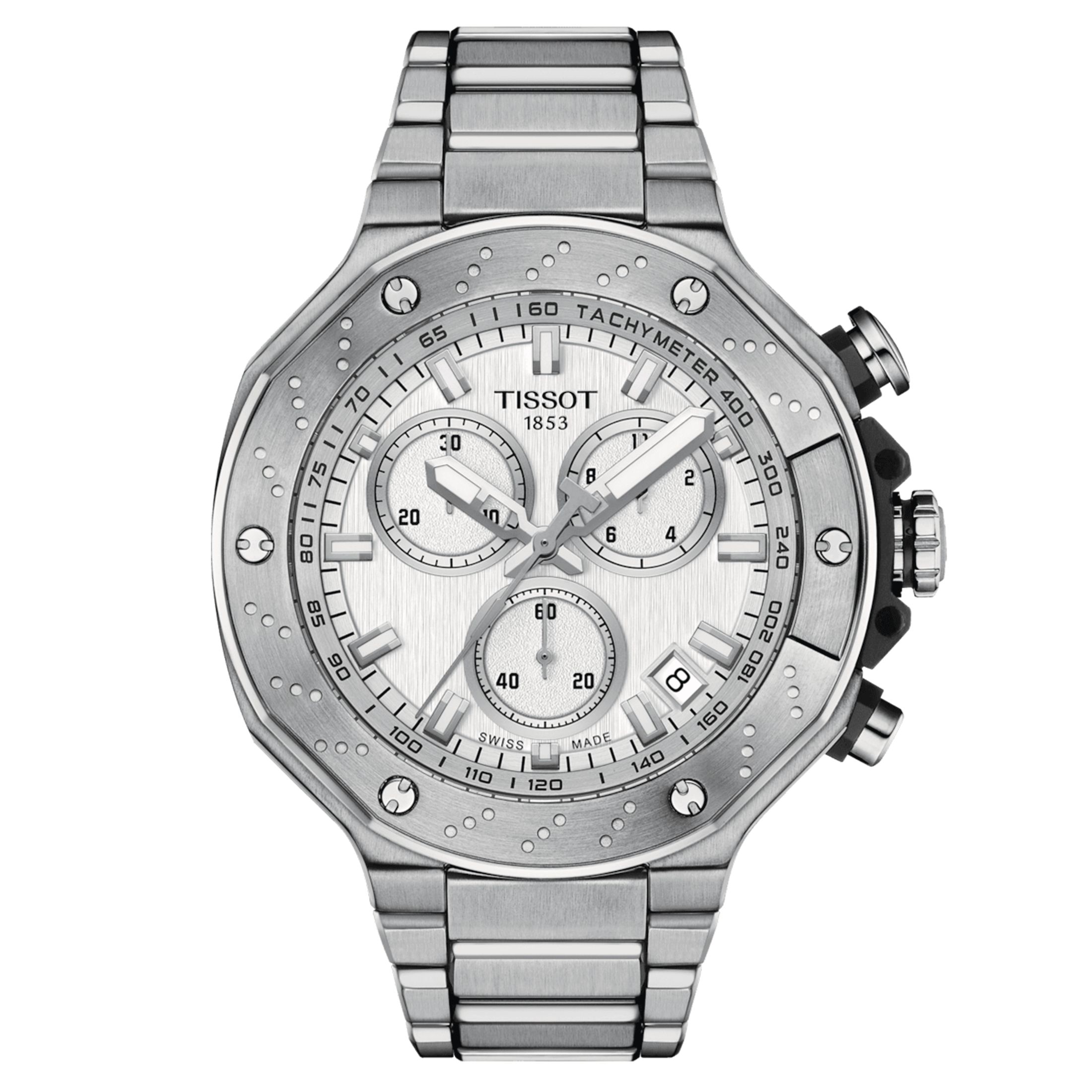 Montre Tissot T-Sport T-Race Chronograph quartz cadran argent bracelet acier 45 mm